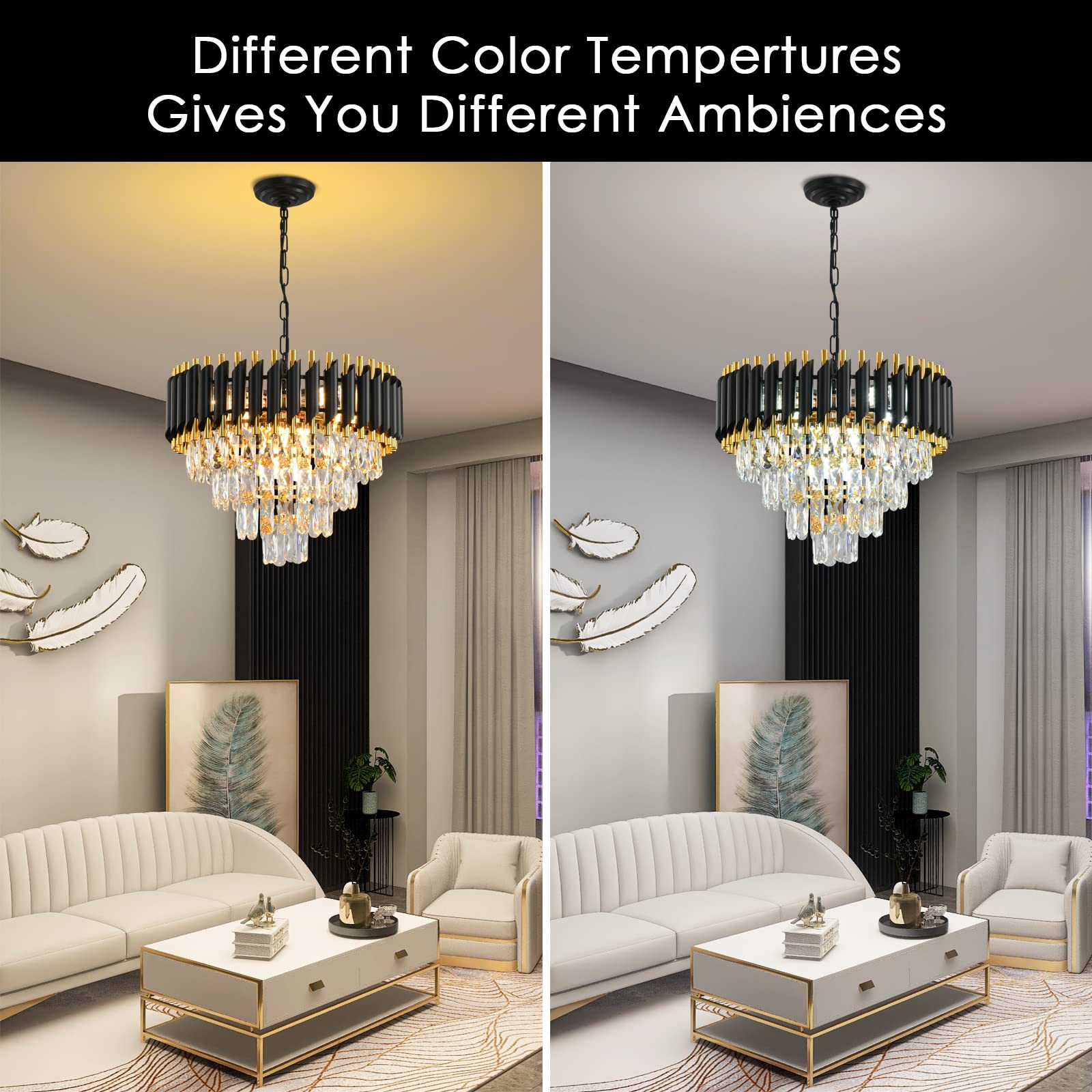 Gold Modern Crystal Chandeliers 4-Tier K9 Round Black And Gold Crystal Chandelier Light Fixture 7 Lights Hanging Pendant Ceiling
