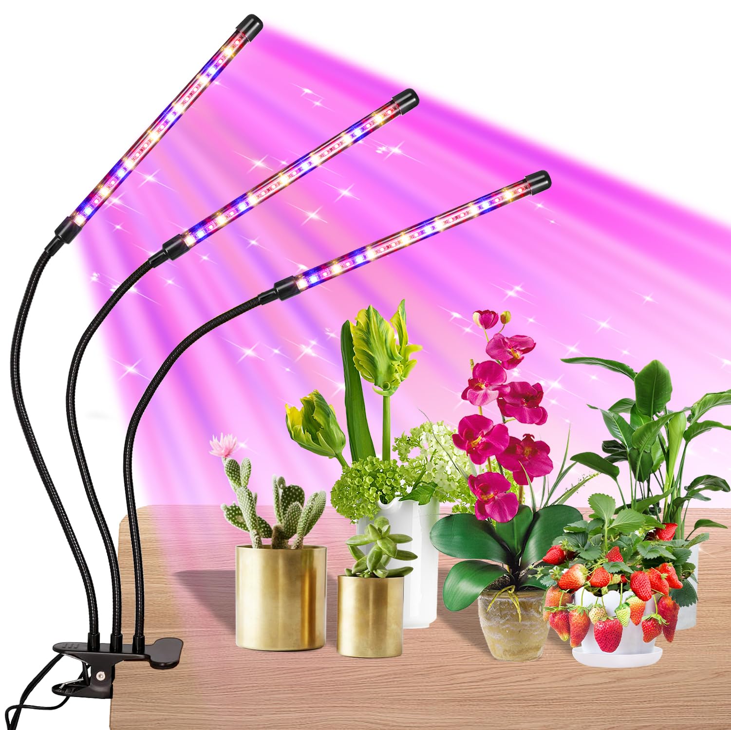 Black 3-Tube Clip-On Grow Light with Red/Blue/Yellow LEDs, Full Spectrum, 6/12/16H Timer, 3 Modes & 10 Dimmable Levels, for Indo