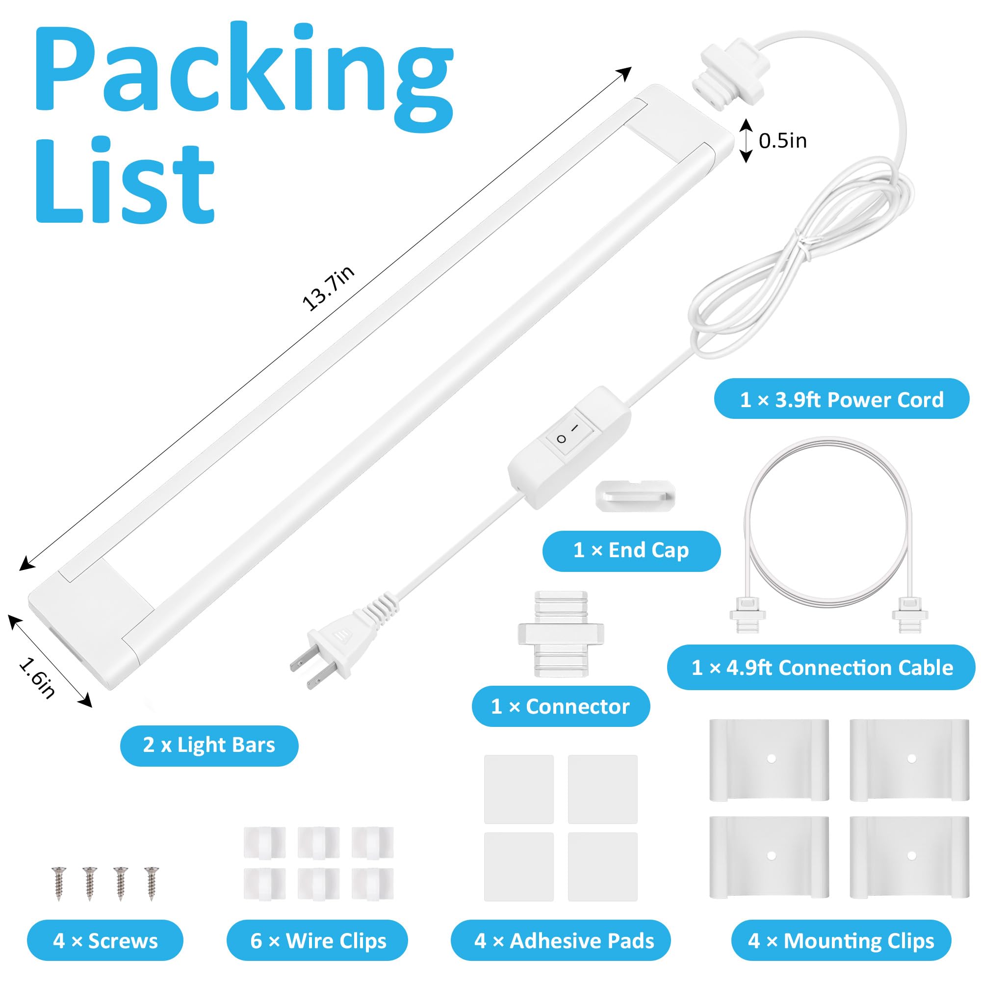maylit Under Cabinet Lighting - 2 Pack 14" LED Light Bars, Cool White, Renter Friendly, Wired for Kitchen, Desk, Workbench