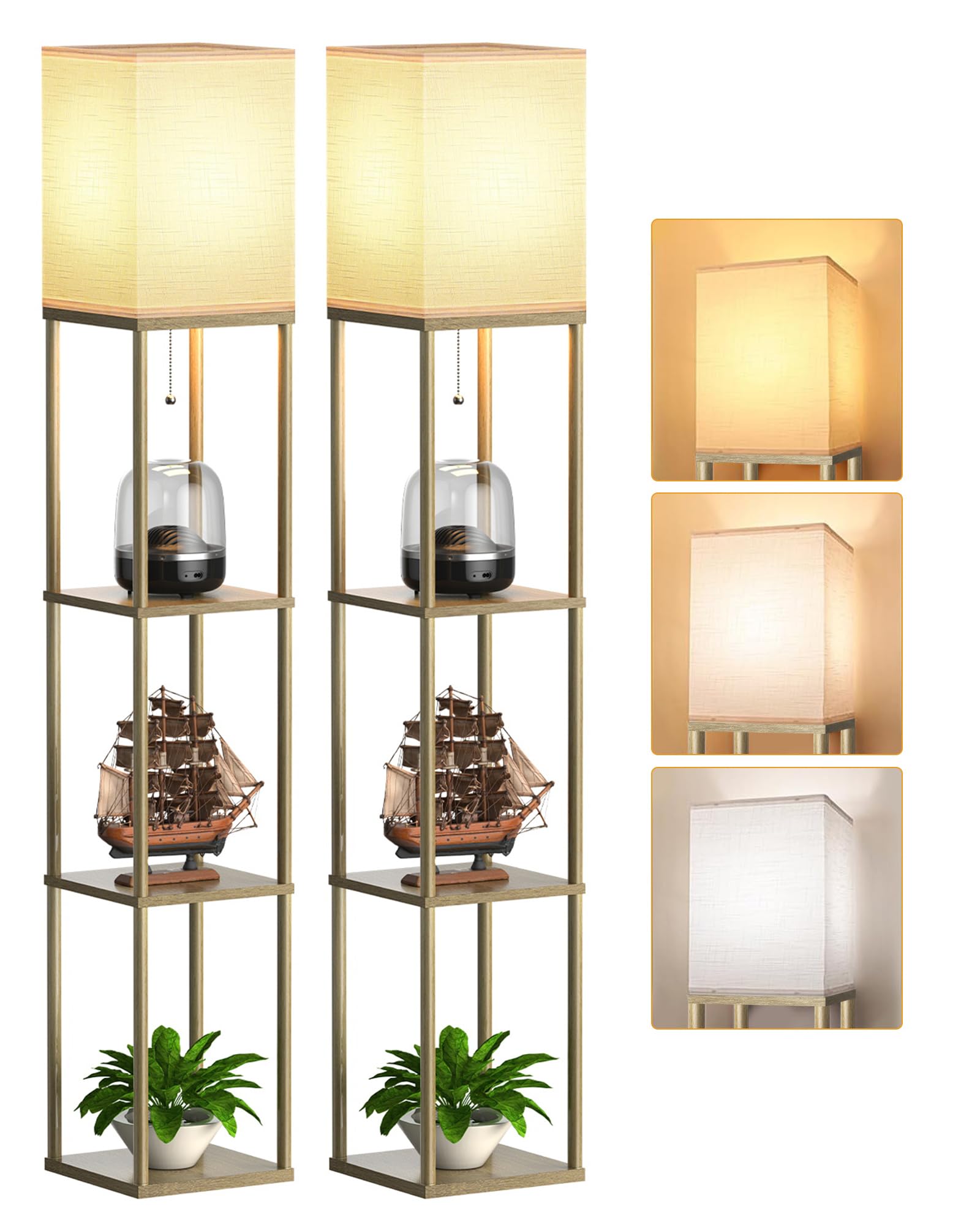 PARTPHONER Floor Lamp with Shelves for Living Room Natural Wood 2 Pack, Shelf Floor Lamp with 3 CCT LED Bulb, Corner Display Sta