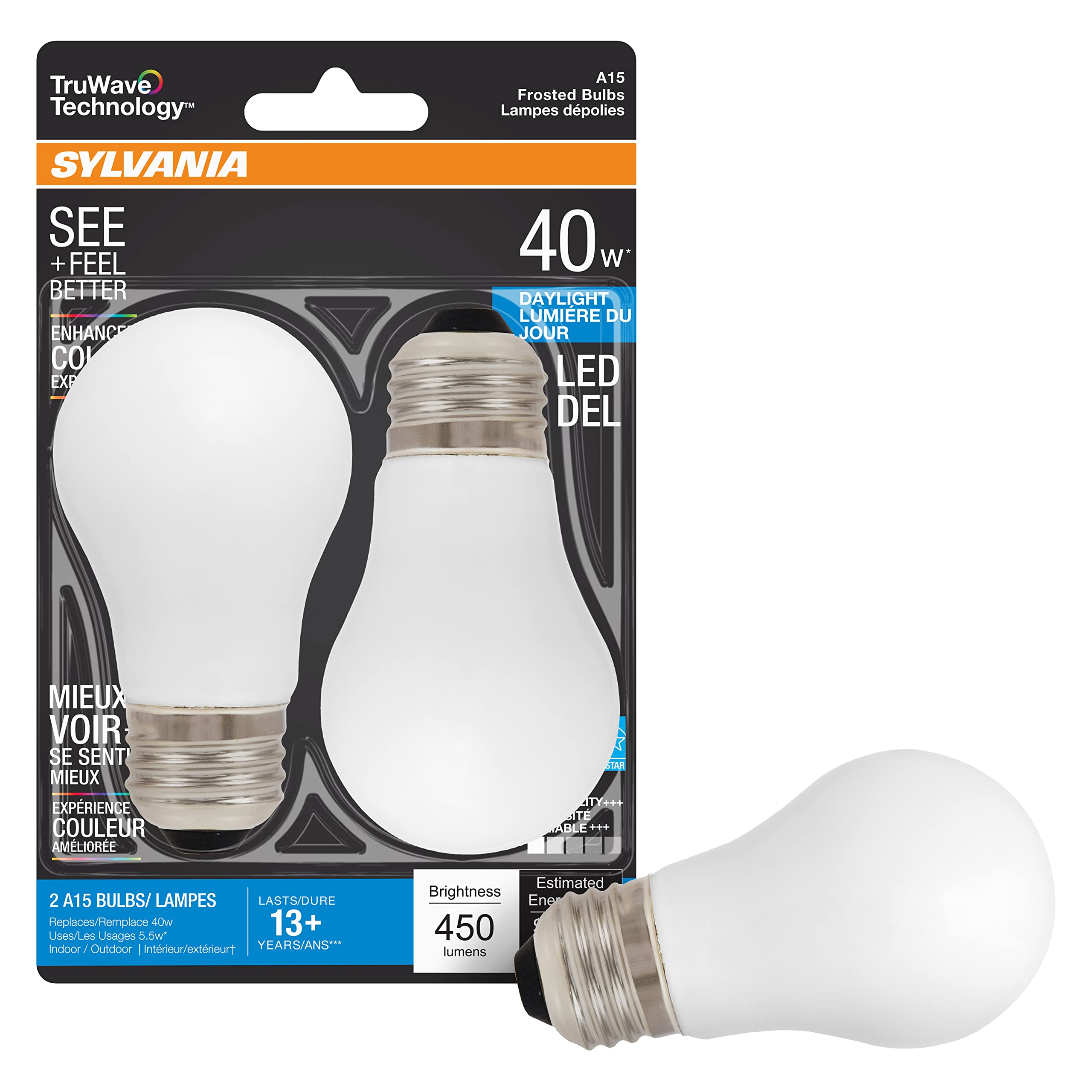 LEDVANCE SYLVANIA LED Ceiling Fan Light Bulb, Dimmable Frosted 40W A15, Daylight, 2 Count, Model 40775