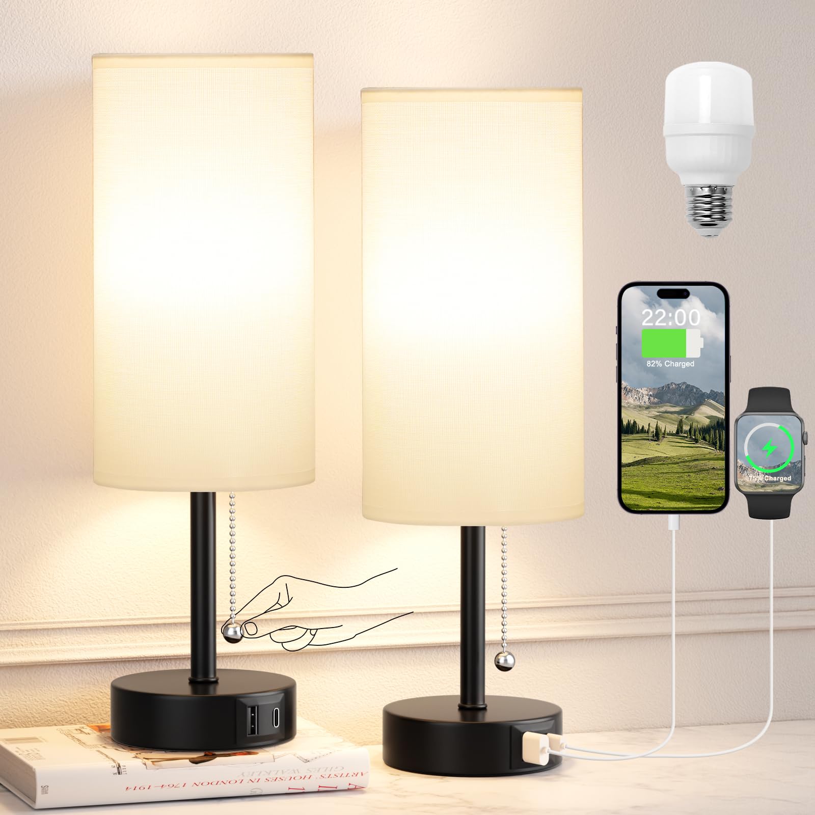White Bedside Lamps For Bedroom Set Of 2 - Nightstand Table Lamp With Usb A + C Charging Port, 3 Color Temperatures Pull Chain N