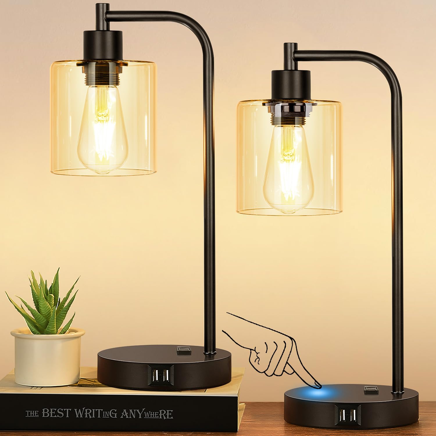 Nintiue Set of 2 Industrial Touch Control Table Lamps, 3-Way Dimmable, Black, Amber Glass Shade, USB Ports & AC Outlet, Model N202108