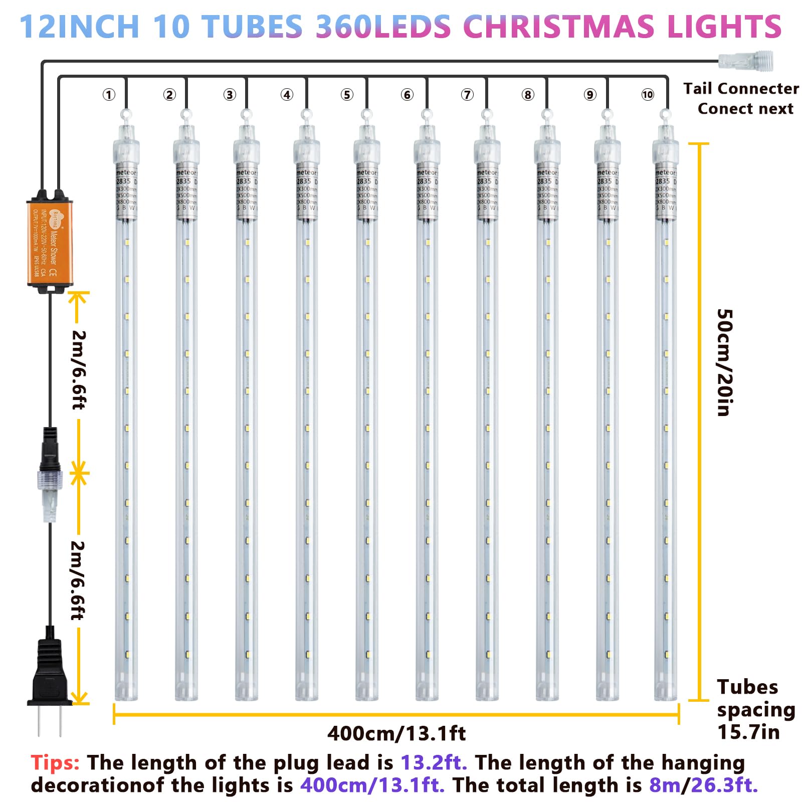 Roytong Christmas Lights Outdoor, Meteor Shower Lights 12 Inch 10 Tube 360 Led High Brightness Falling Rain Lights Icicle Cascad