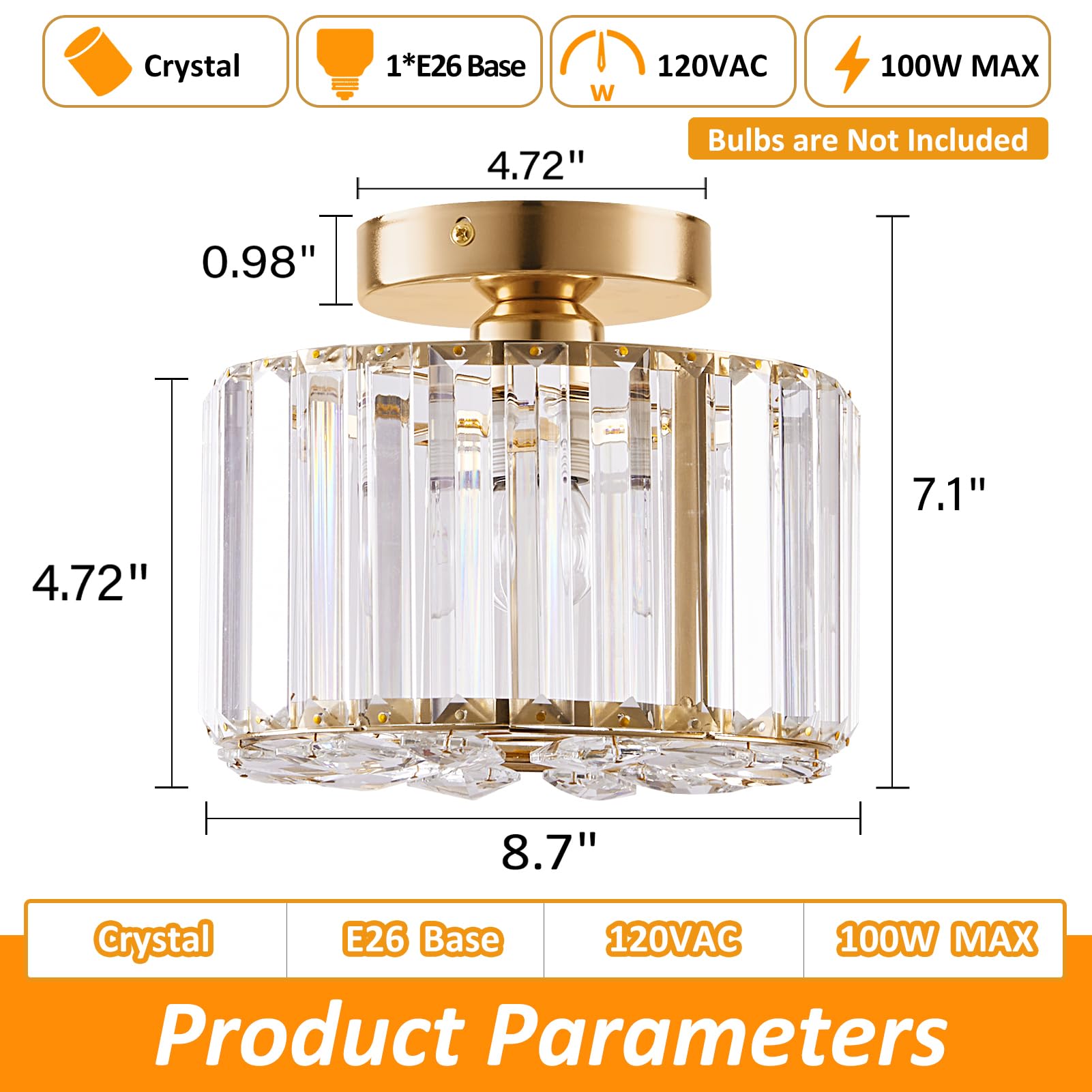 Xieyor Elegant Gold Crystal Chandelier - Modern Semi Flush Mount Ceiling Light Fixtures For Hallway, Kitchen, Bedroom, Living Room, And More