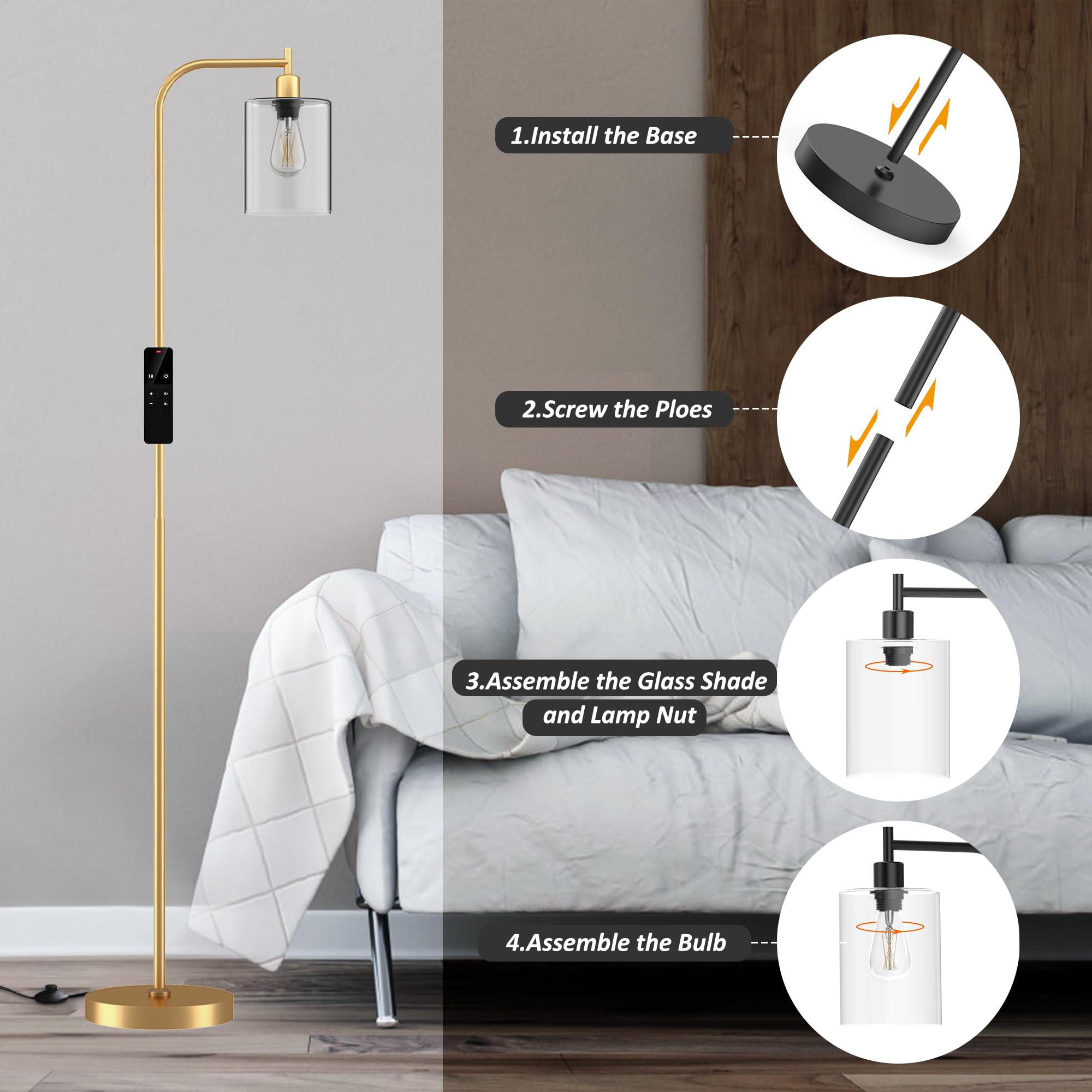Wio-Mio Industrial Floor Lamp, Metal with Glass Shade, Dimmable, Remote LED Bulbs, Gold, Model MF19334