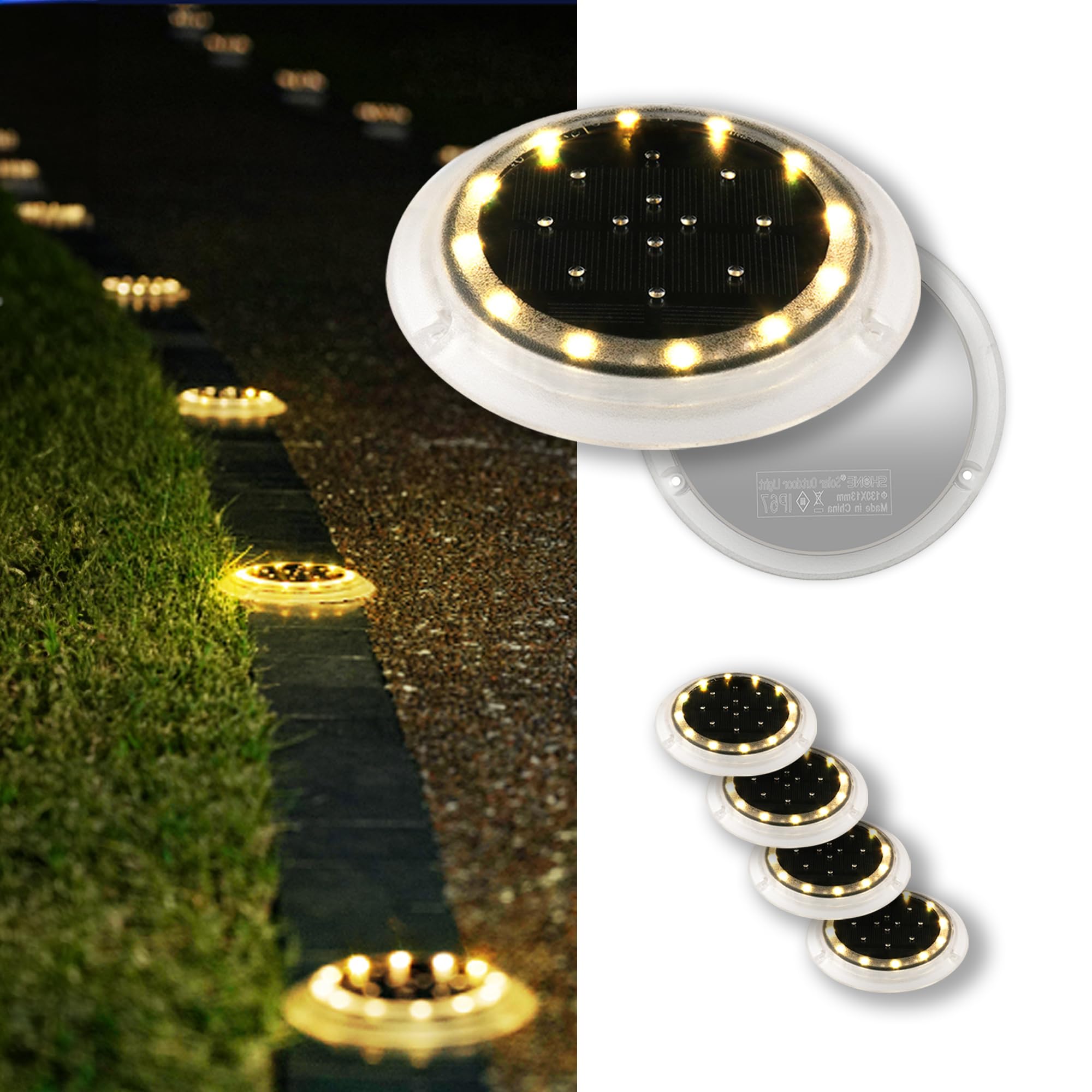 SHONELIGHTING Solar Dock Lights, Super Bright Disc LED Outdoor Waterproof, Anti-Slip & Anti-Trip Flat Low Profile for Marine, De