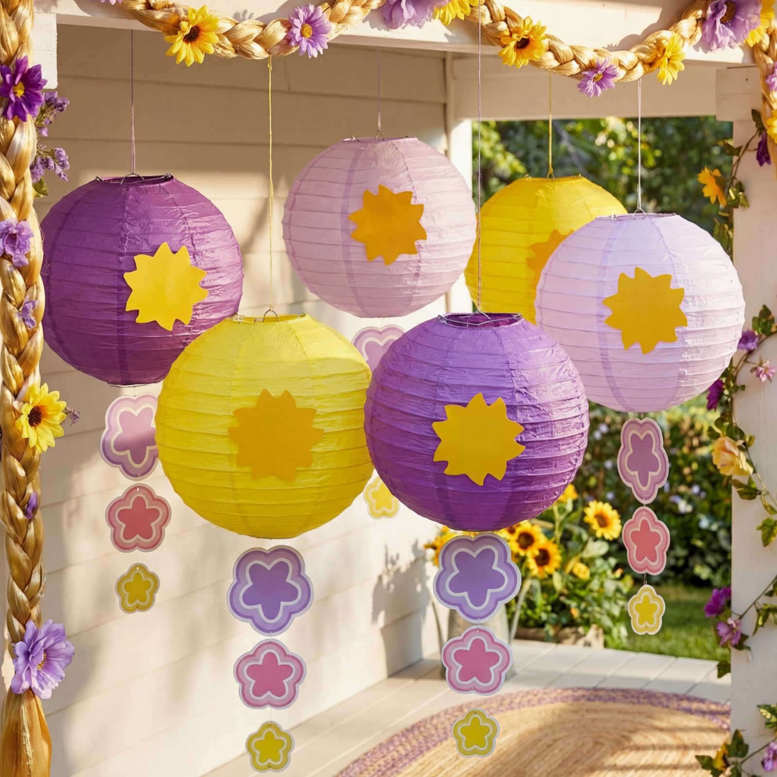 Baquler 6 Pack Princess Sun Paper Lanterns 8 Inch Colorful Birthday Hanging Decors with Star Pendant Sun Party Round Hanging Lan