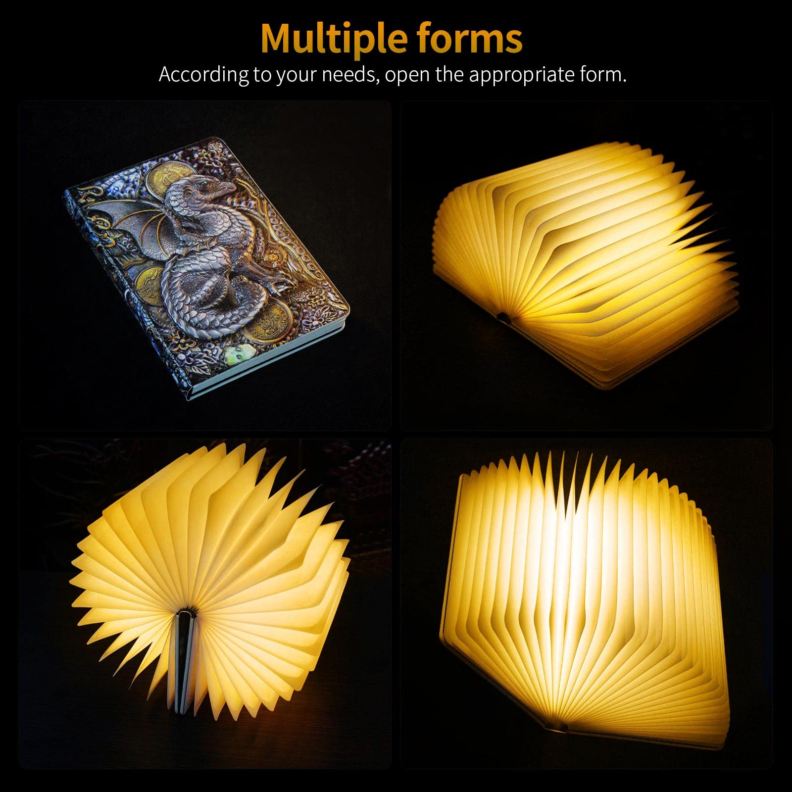 Qxmgcbok Folding Book Lamp Dragon Night Light, Portable Bedside Light (3 Colors) - Gift For Readers & Teens