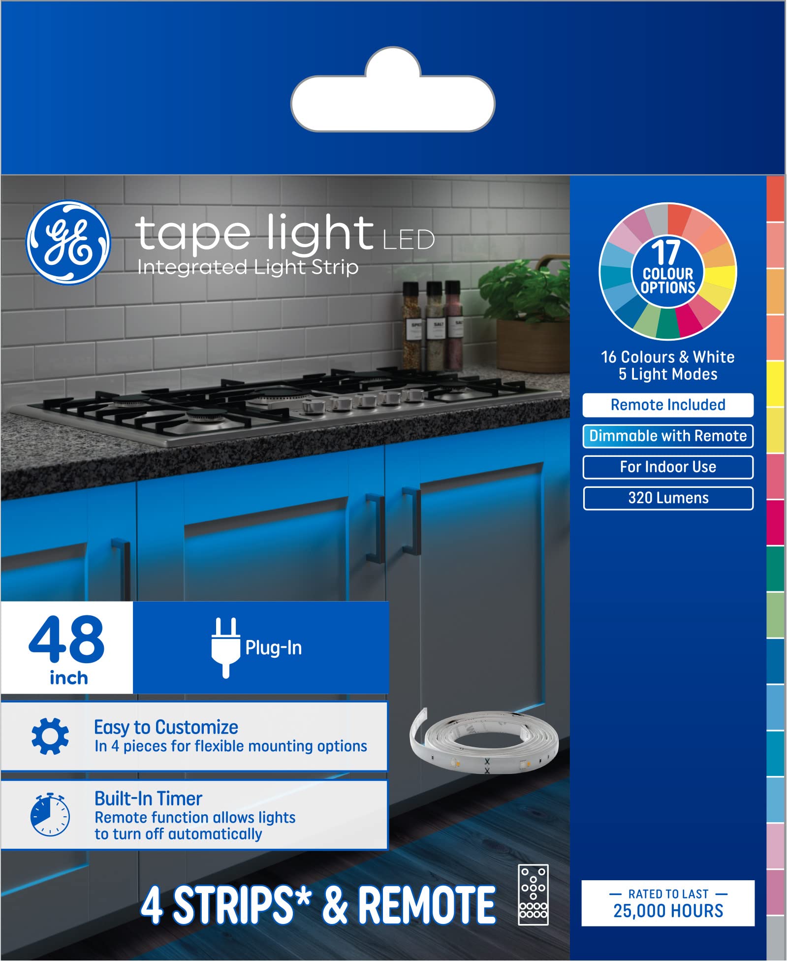 GE LED Tape Light, Color Changing, Remote Control, 12in (4 Pack), Multicolor, Model 93129121