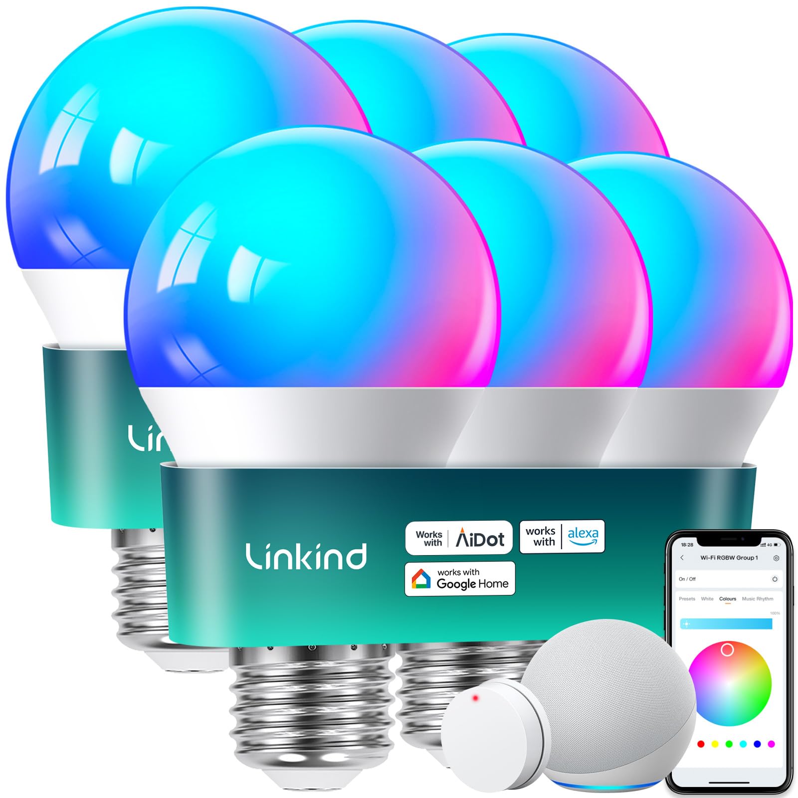 Linkind Smart Light Bulbs With Remote Control, Smart Bulb That Work With Alexa & Google Home, Led Light Bulbs Color Changing 64 