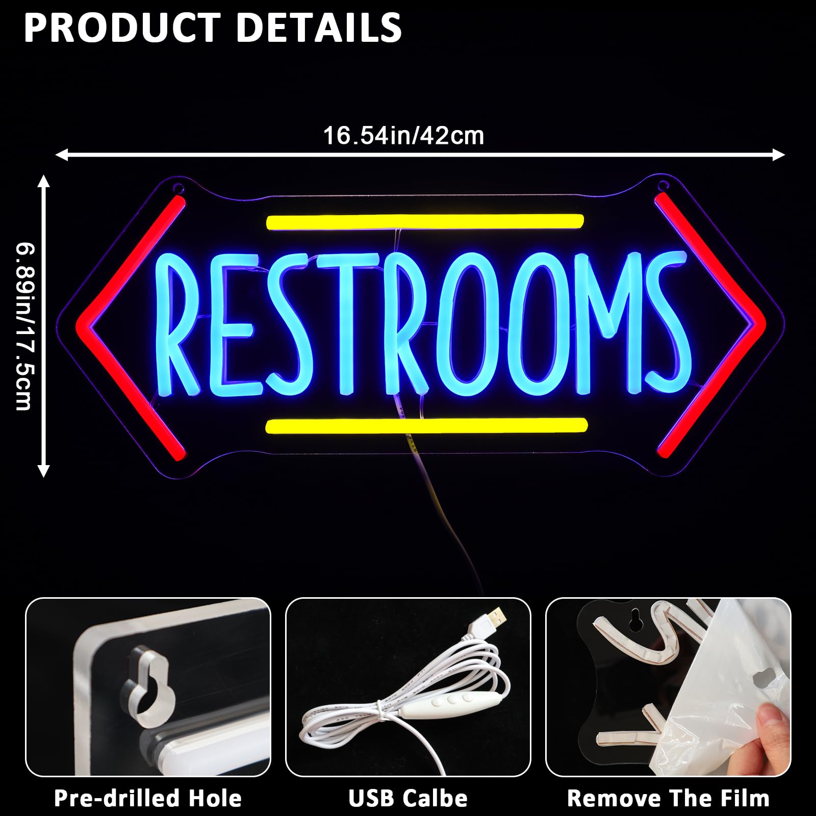 PMCVYH Neon Restroom Sign - LED Wall Decor, USB Dimmable, Acrylic, 16.54 x 6.89 inches, Blue Red Yellow, Model SYL-Restrooms