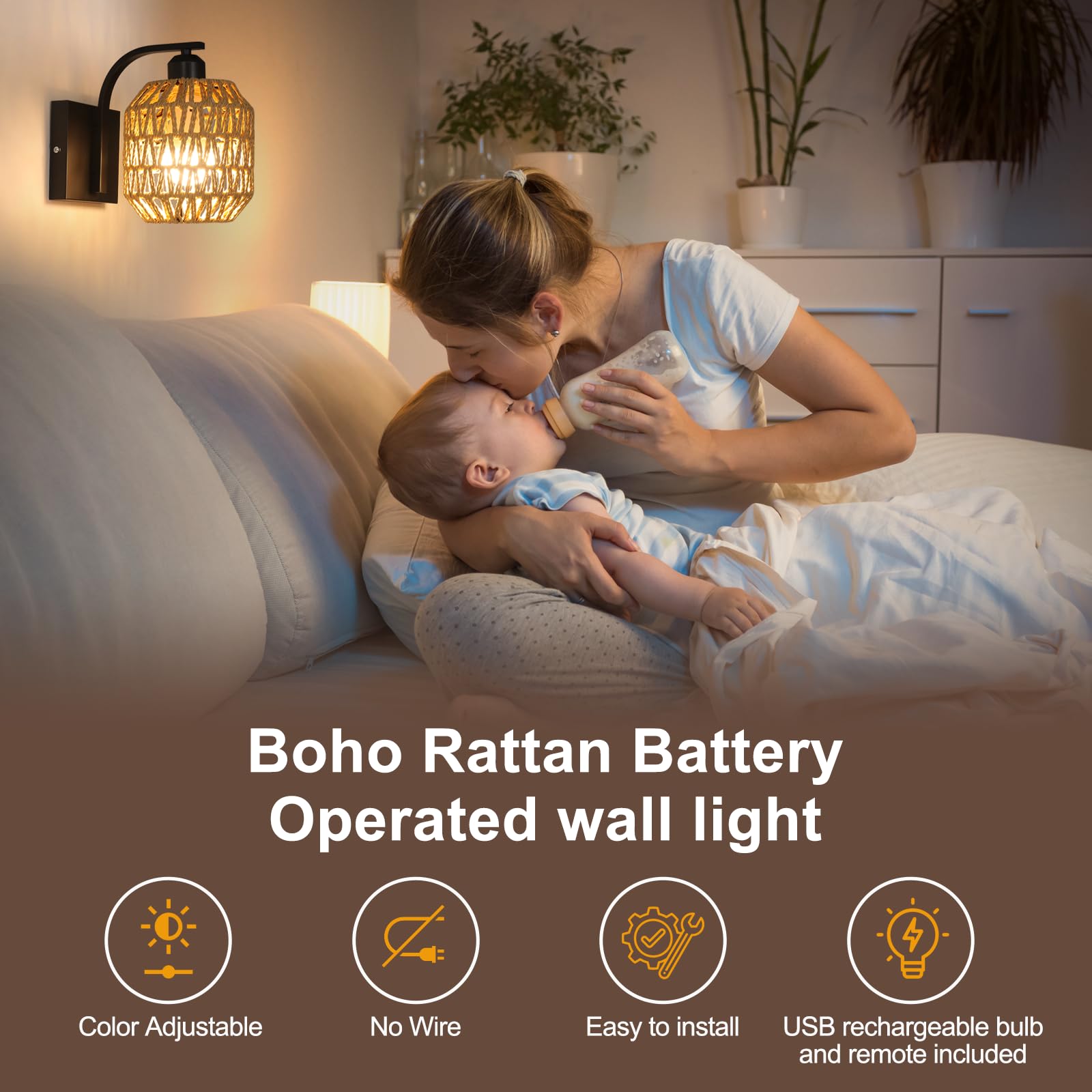 Bailoch Boho Cordless Wall Sconces Set of 2, Dimmable Rattan Lights, Rechargeable, Black, Model BLWS005B2