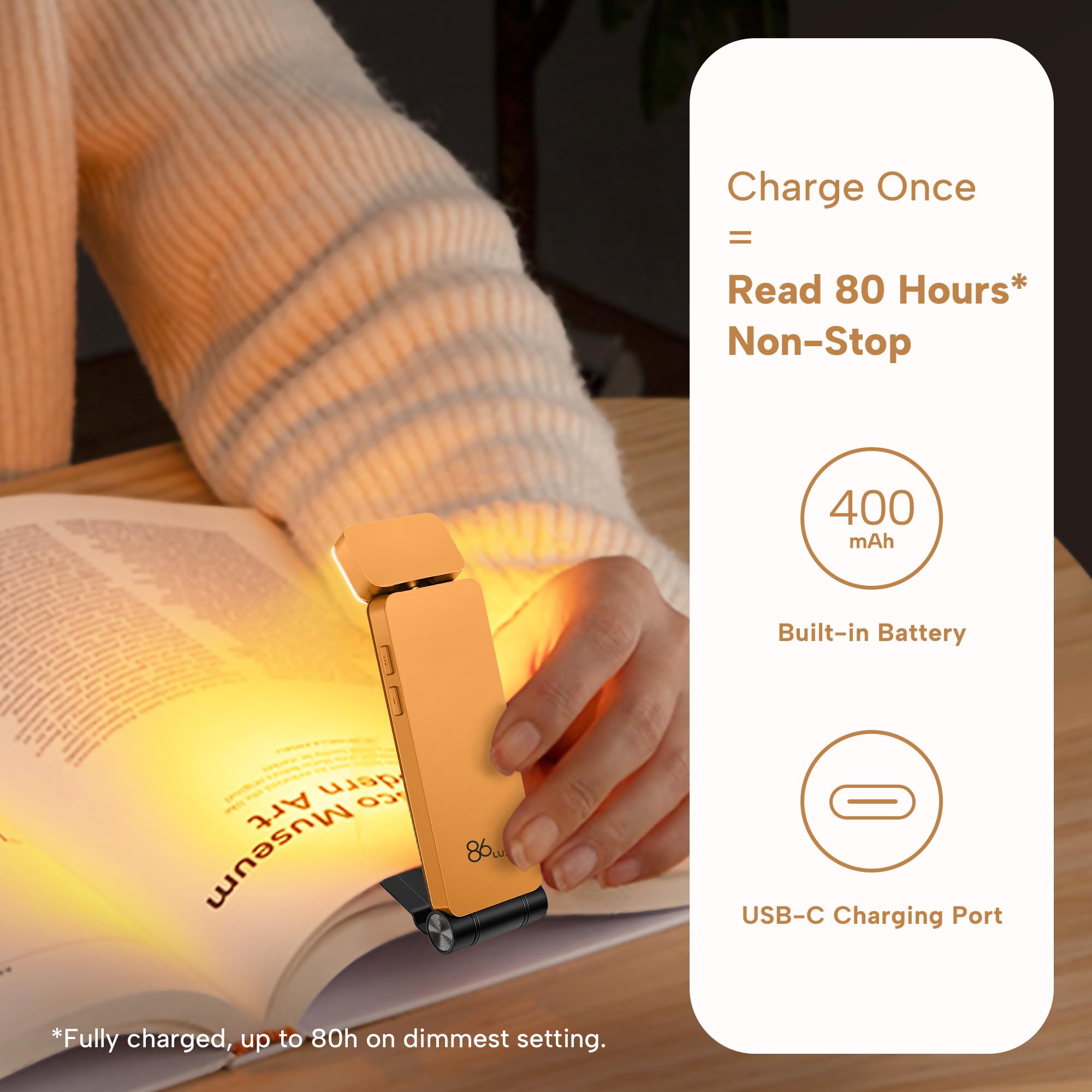 86Lux Book Light, Rechargeable Reading Lights For Books In Bed, Ultralight Clip-On Led Bookmark Lamp With 3 Amber Colors & Stepless Dimming For Night Reading For Book Lovers, Kids, Papaya Orange