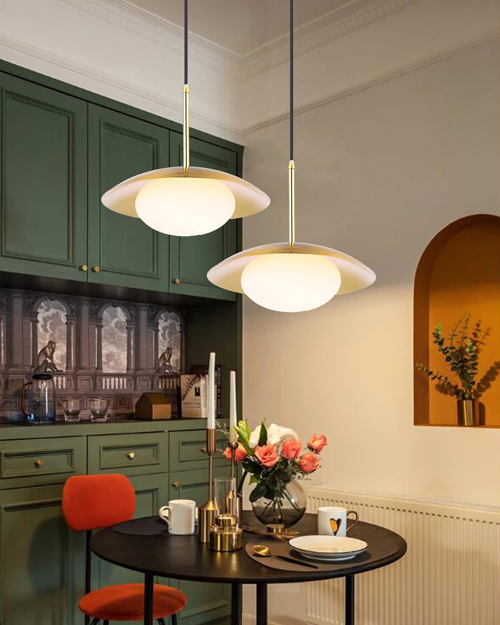 Baoden Modern Pendant Lighting Set Of 2, Brushed Brass Dome & White Glass Shades