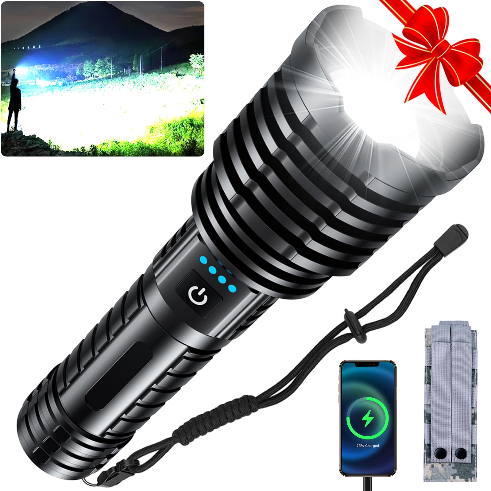 Super Bright LED Flashlight 1800000 High Lumens, Rechargeable Handheld Flashlights Powered by Battery, Waterproof Tactical Flashlights-Zoomable 5 Modes-31H Runtime-Holster for Emergency Camping