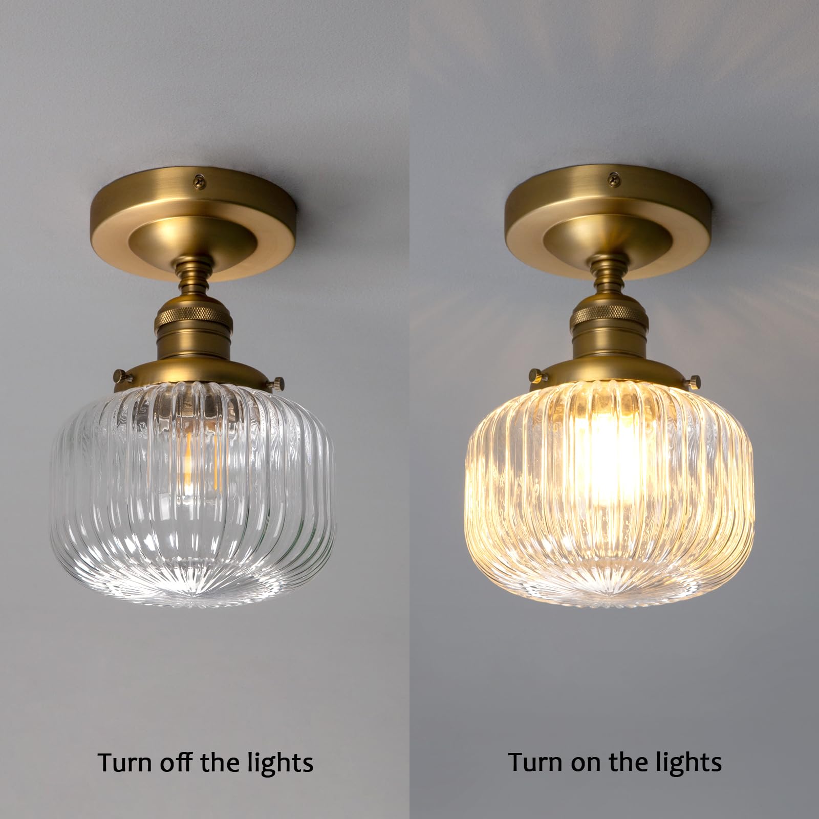 Permo Modern Small Semi Flush Mount Ceiling Light Glass Ceiling Lights Hallway Fixtures With Flate Ribbed Glass Lampshade, 1-Lig