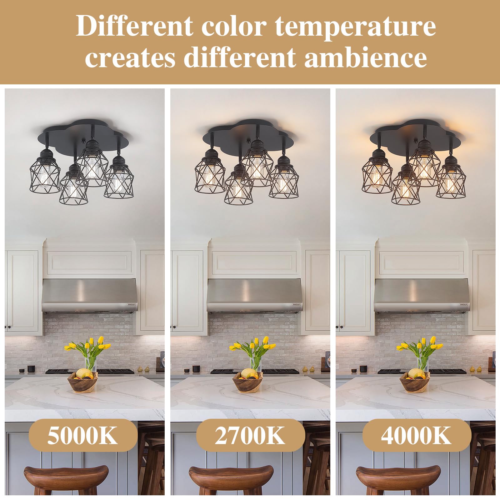 4-Lights Kitchen Light Fixtures Ceiling Mount, Adjustable Multi-Directional Black Flush Mount Ceiling Light Fixture, Vintage Met