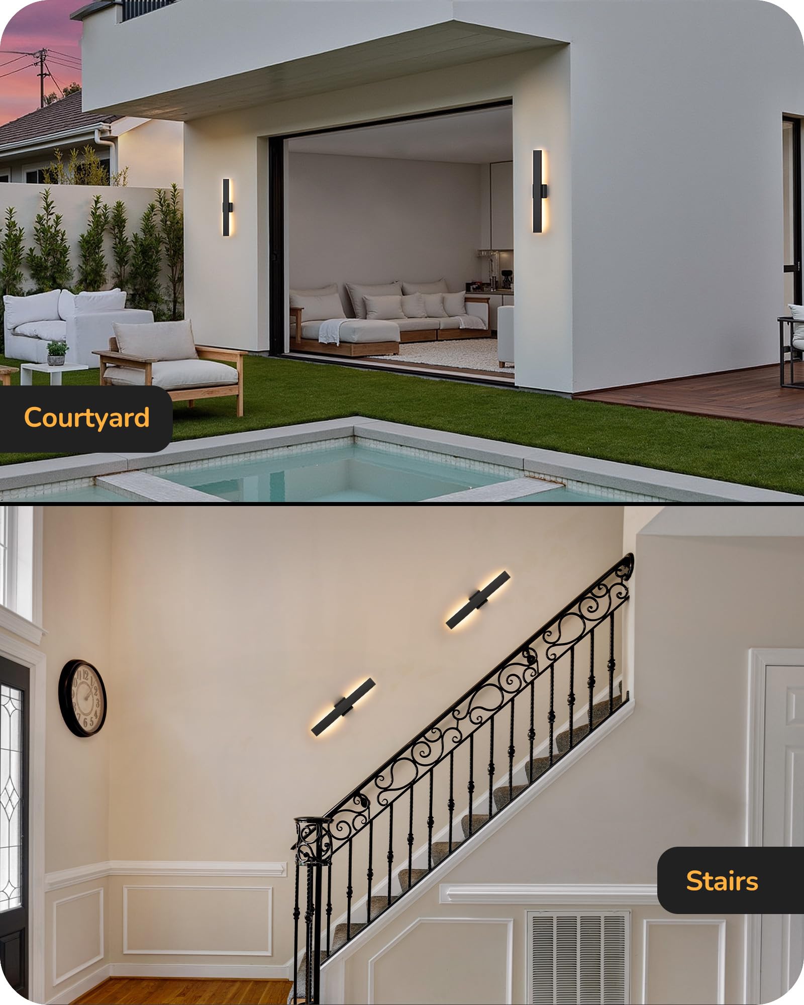 EDISHINE 23.6" Outdoor Wall Lights, Dimmable 3CCT, IP65 Waterproof, Black, 2 Pack, Model BD050