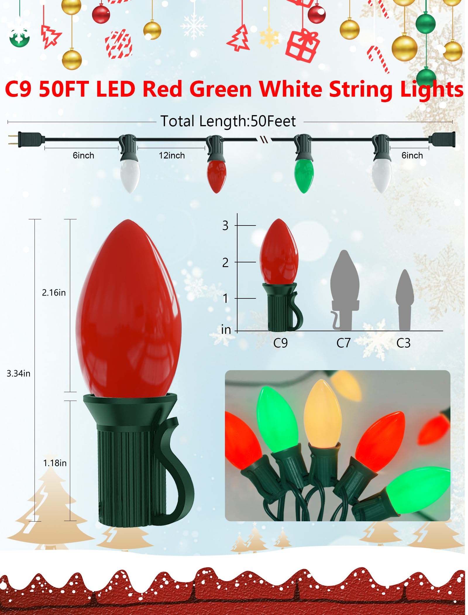 50Ft C9 Led Christmas Lights Outdoor  Vintage Christmas String Light Plug In With 52 Shatterproof C9 Red White Green Bulbs Christmas Decorations Lights For Indoor Christmas Tree Patio Roofline Party