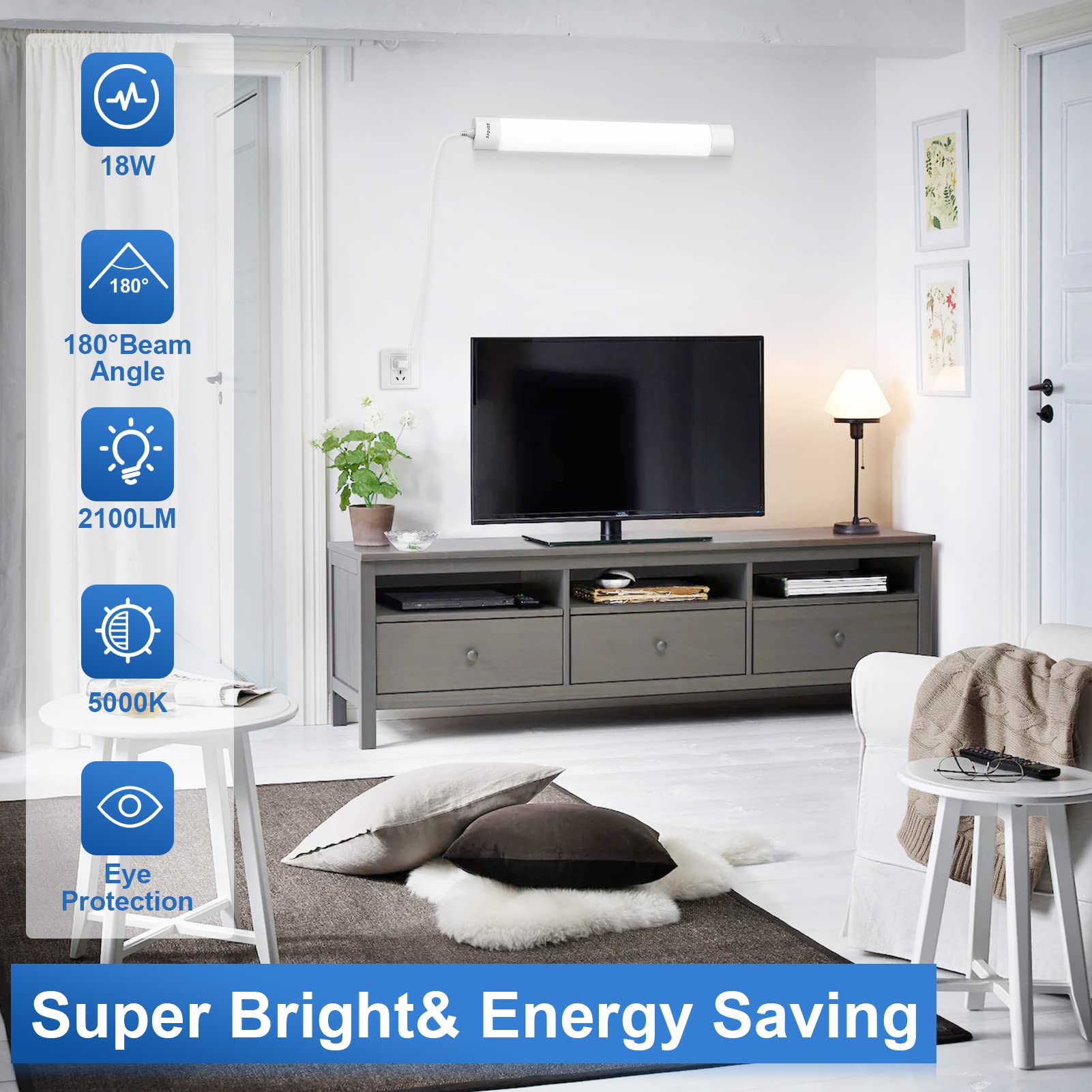 Akpuzd 2Pack Plug In Ceiling Lights, 2Ft Plug In Light, Ip66 Waterproof 18W Led Tube Light With No/Off Switch, 2000Lm Led Closet Light, 5000K Led Lights For Kitchen, Bathroom, Garage, Vanity...