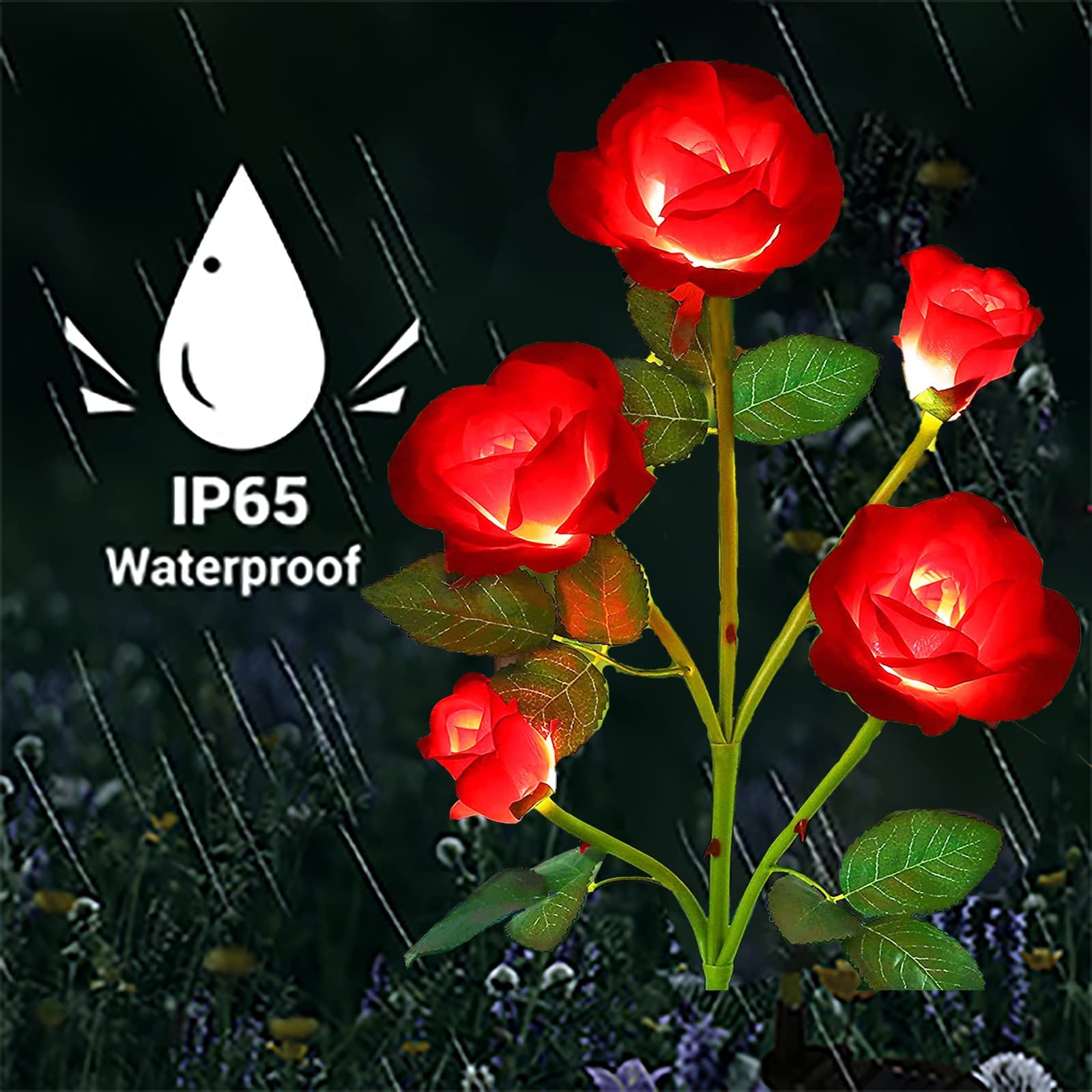 ANGMLN Solar Garden Lights, 2 Pack Red Rose, 10 Head, 7-Color Changing, Waterproof Outdoor Decoration for Garden, Pathway, Patio