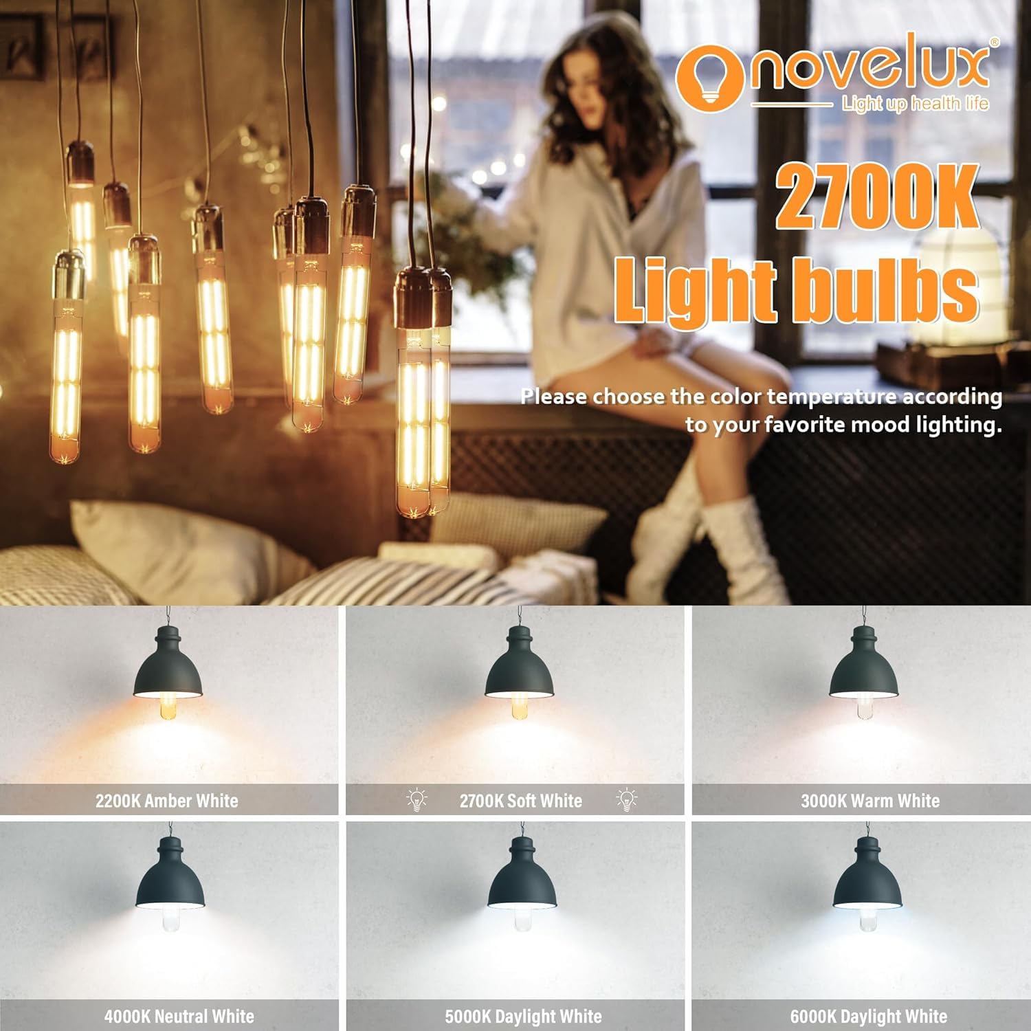 NOVELUX LED Light Bulbs E26 Base 6W 800LM 2700K Soft White Glass Vintage Edison 9 Inch Dimmable - 2 Pack
