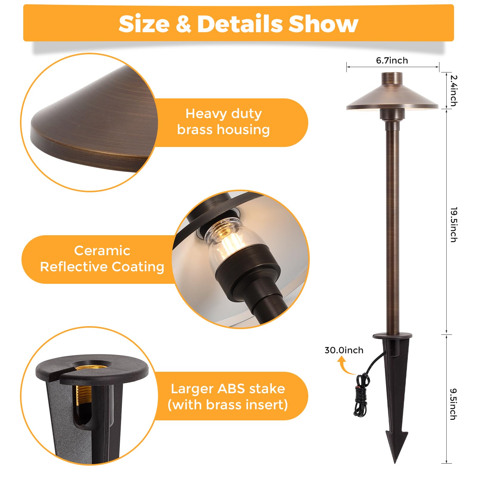 Gardencoin Solid Brass Low Voltage Pathway Lights (6.7'' Shade, 21.9'' Tall), 12V Ac/Dc Heavy Duty Led Landscape Path Lights Outdoor Wired, Antique Bronze Walkway Lights With Larger Stake, 6-Pack