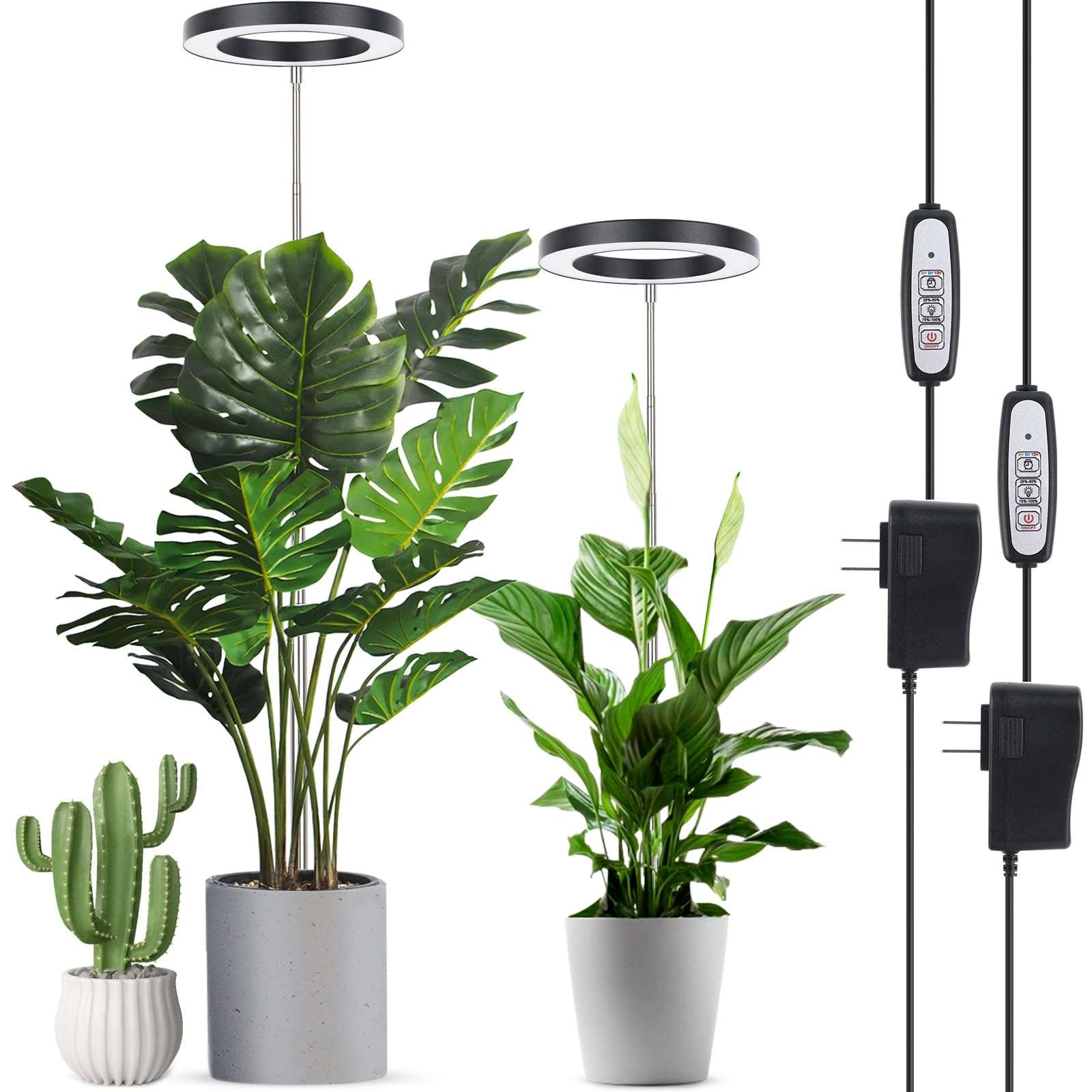 LORDEM Plant Grow Light, Full Spectrum LED Lamp, Adjustable Brightness, Auto Timer, 2 Pack, Black, Model HL-0026