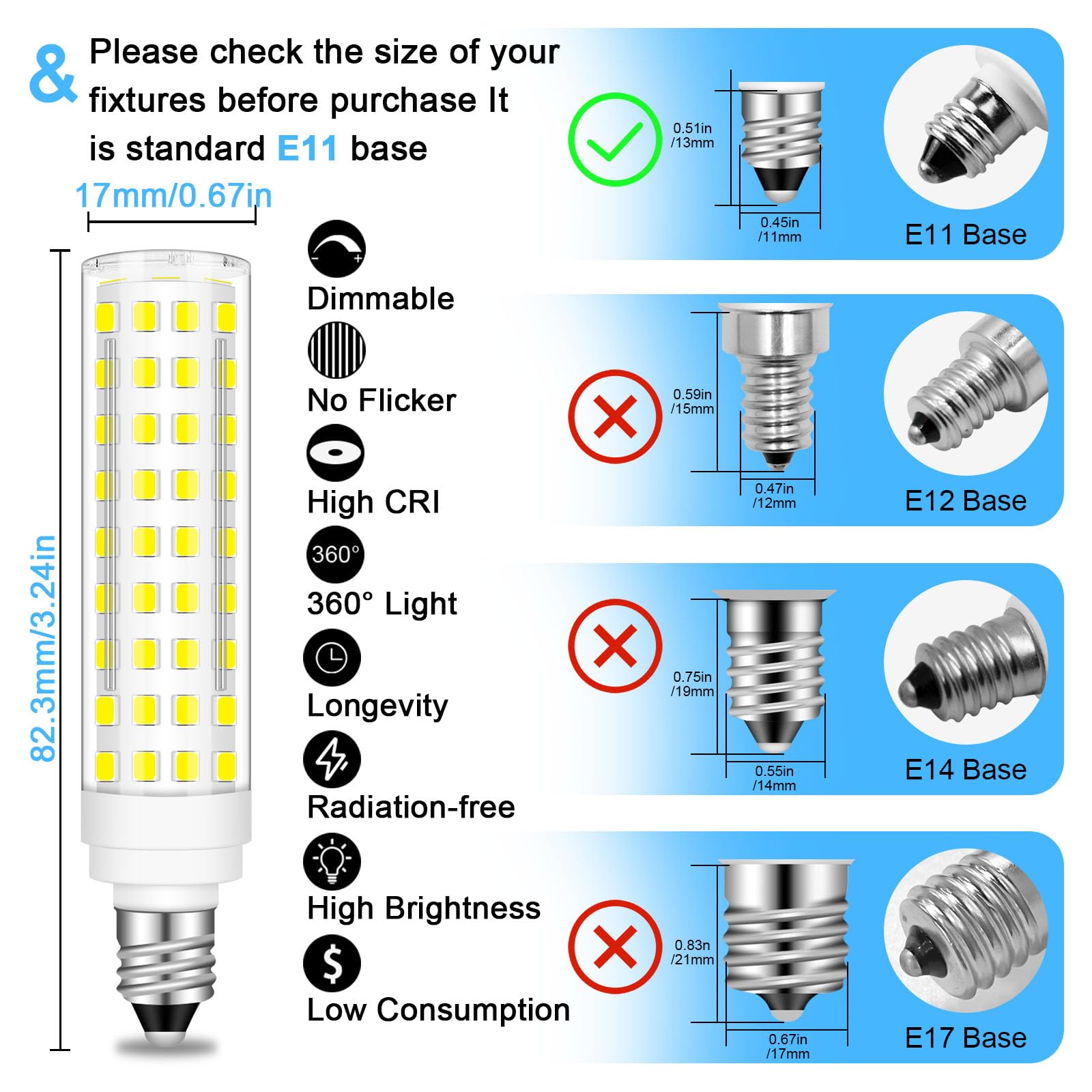 Trijzhou Jde11 120V 100W Halogen Candelabra Bulbs Equivalent, 6000K Daylight White E11 10W 120V Energy Saving Dimmable T3/T4 Min