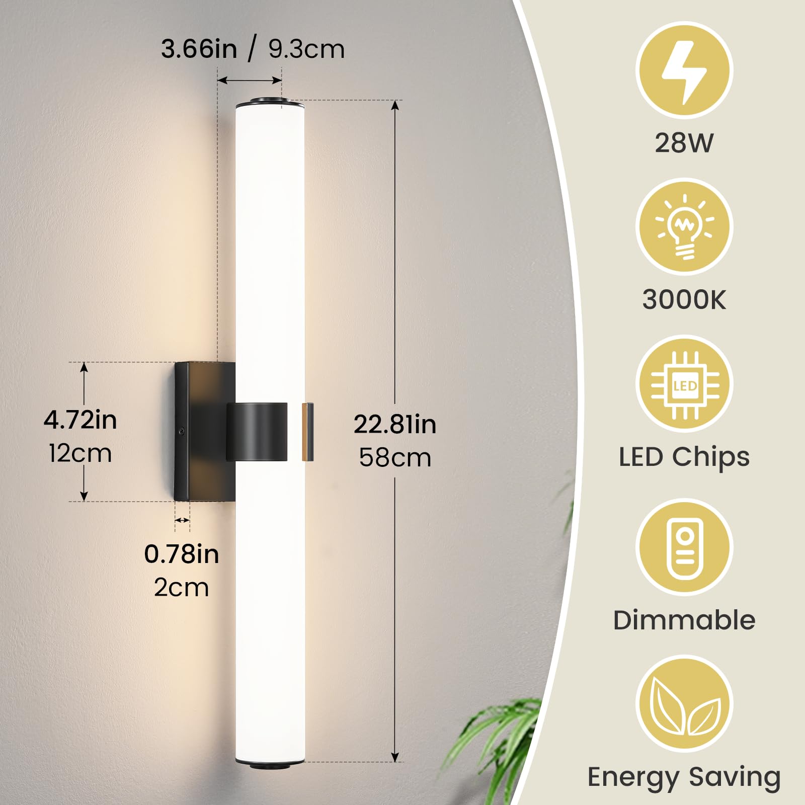 AIJIASI Black LED Vanity Light, 22.8 Inch Modern Bathroom Fixture, 28W Metal Sconce with Acrylic Shade, Model 8078WL-18BK-US