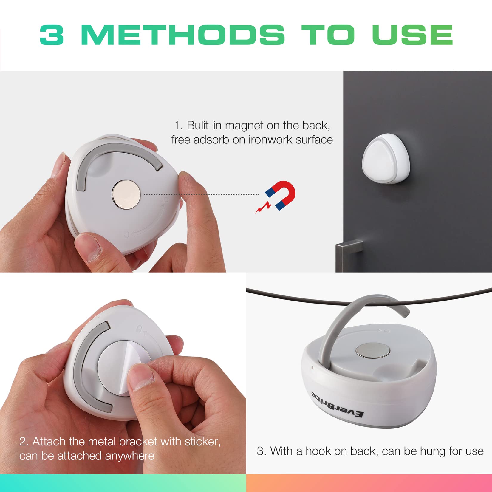 EverBrite LED Puck Lights, Wireless Push Lights, Remote Controlled, 12 RGB Colors, 3-Pack, White, Model E007083