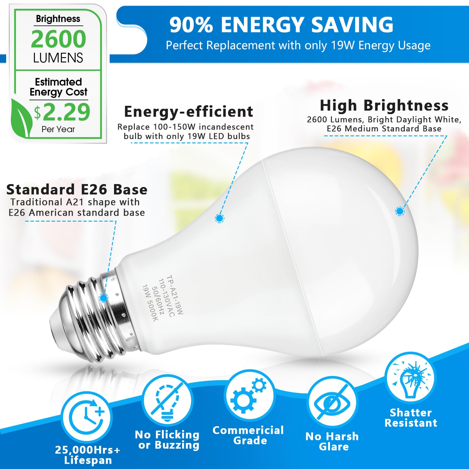 Maylaywood A21 Led Light Bulbs, 150 Watt Equivalent Led Bulb, Daylight White 5000K, 2600Lm, E26 Base, Non-Dimmable, 19W Bright W