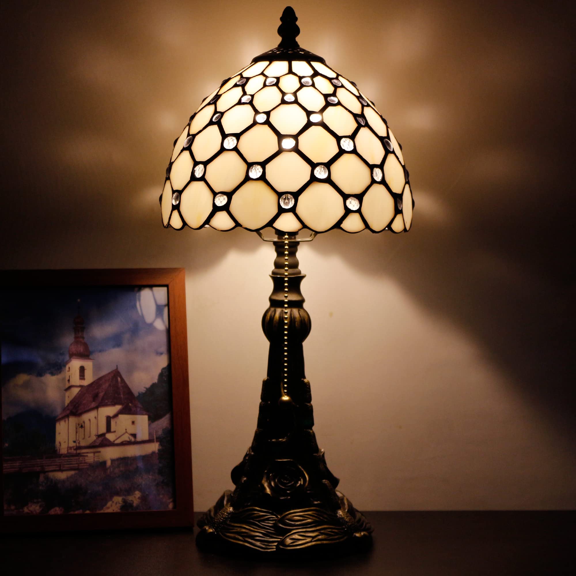 Small Tiffany Lamp Mini Stained Glass Desk Lamp Vintage Table Lamp Tiffany Style Night Light 8X17.5 Inch (Cream Pearl Bead Style