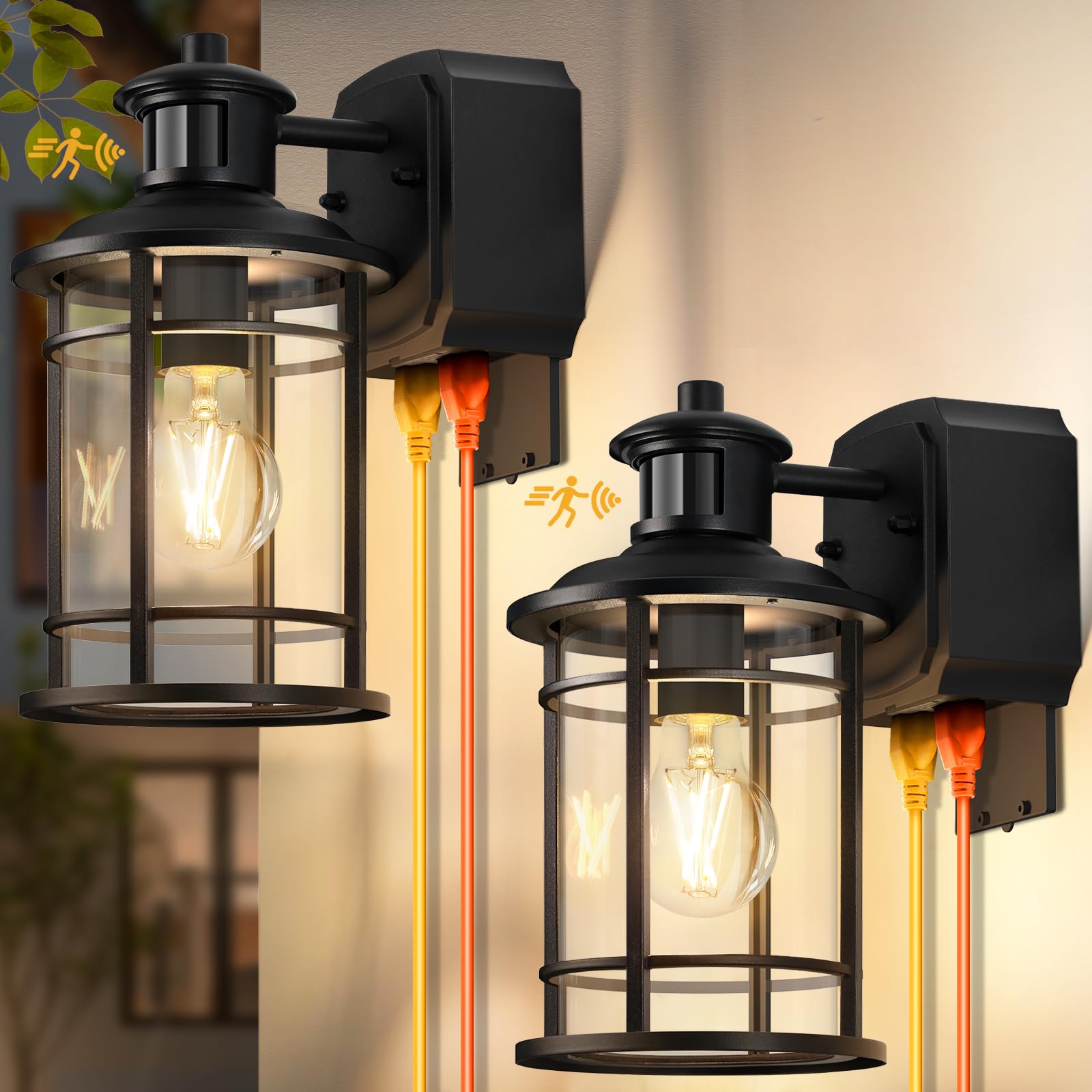 2 Pack Porch Lights with GFCI Outlet, Dusk to Dawn Motion Sensor Outdoor Lights, 3 Lighting Modes Waterproof Anti-Rust Alunmium 