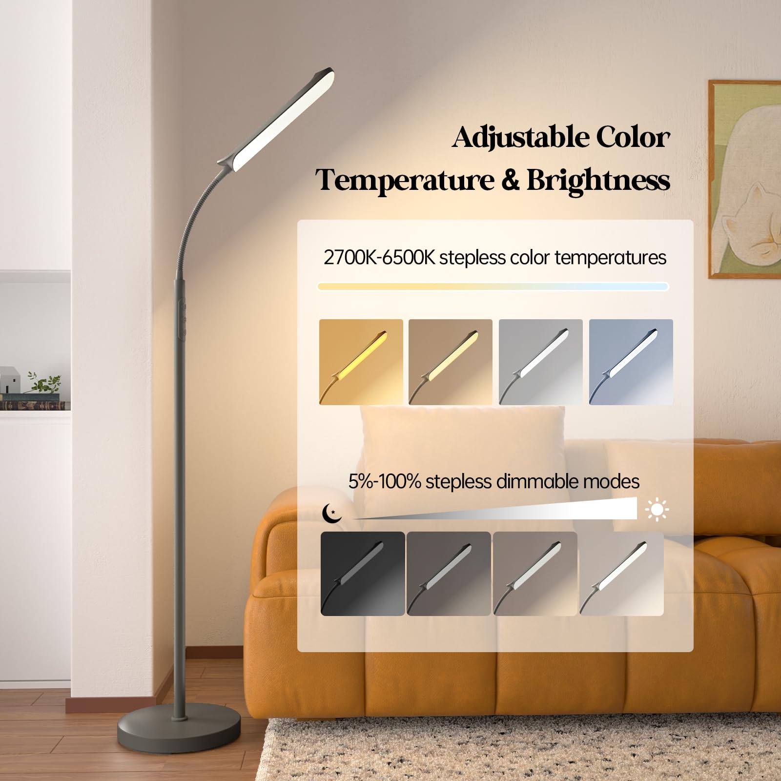 Aisutha LED Floor Lamp, 18W Gooseneck Light with Remote & Touch Control, Gray, Model THFL01101AA-US-F1