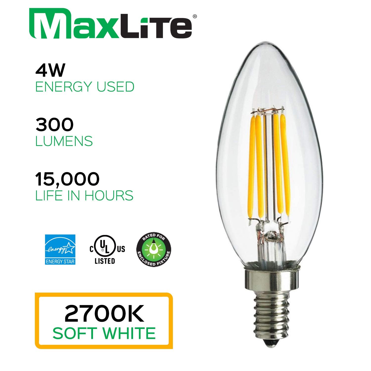Maxlite Candelabra Led Chandelier Bulbs, 40W Equivalent, Enclosed Fixture Rated, 300 Lumens, Dimmable Filament Candle Bulbs, E12