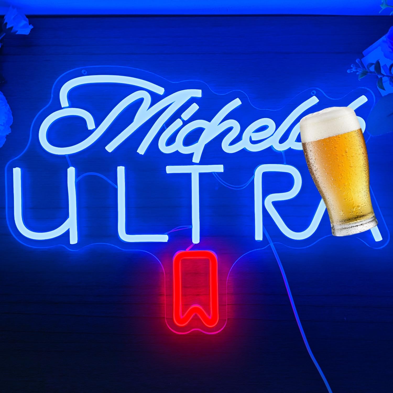 Geeinar Beer Neon Sign - Dimmable LED Wall Decor for Man Cave, Bedroom, Pub, Bistro - Blue & Red Acrylic Light Up Sign