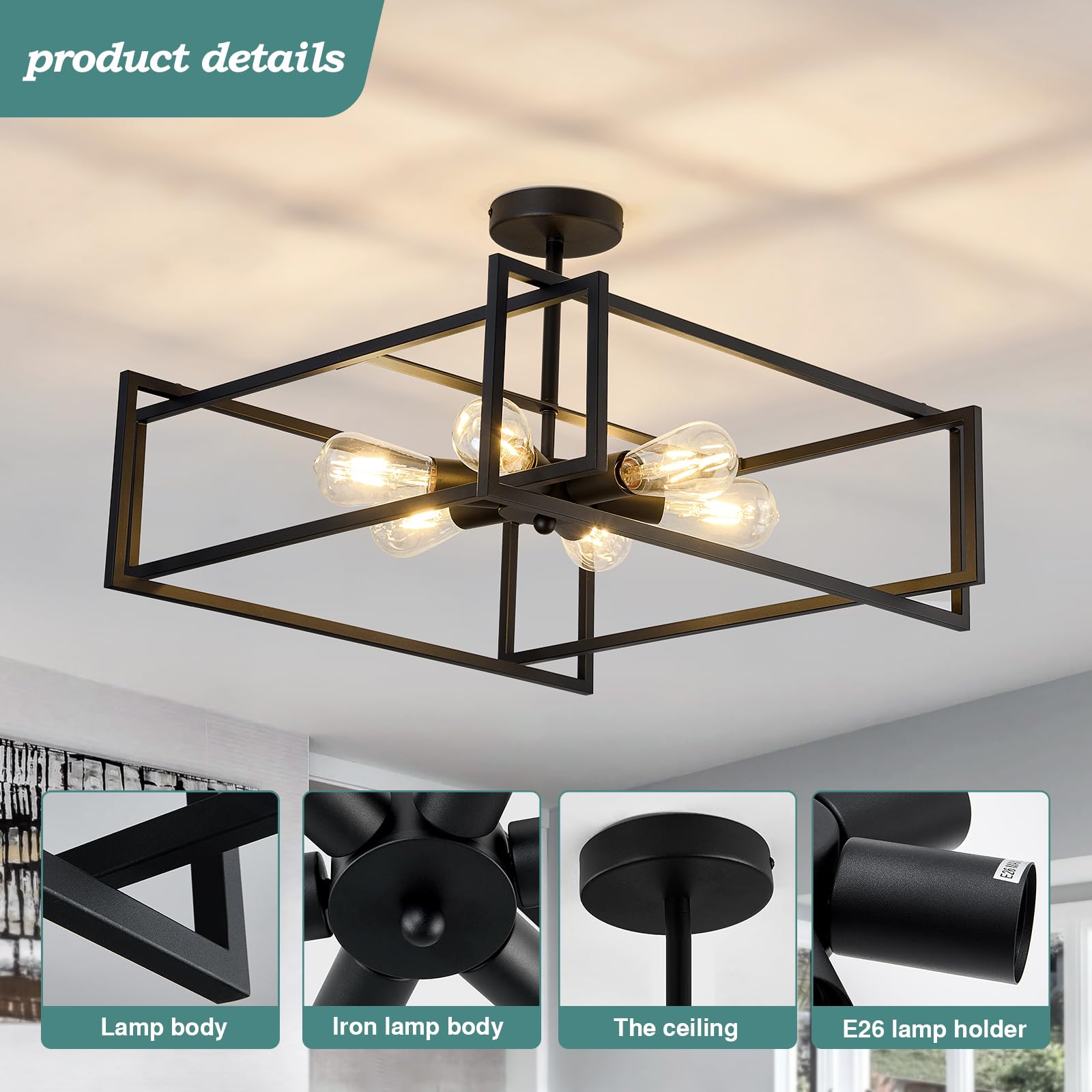ZGLAOJT Industrial Flush Mount Ceiling Light, 6 Lights, 22.83 Inch, Iron, Black, Model F-1427, Farmhouse Chandelier for Kitchen and Dining Room
