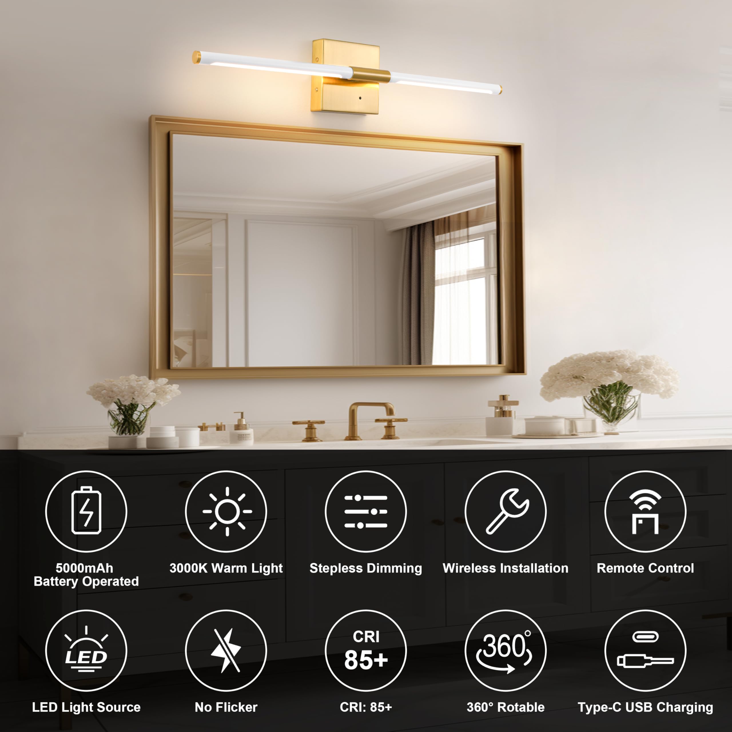 Morauroral Wall Sconces Set of 2, 30 Inch Dimmable Battery Operated, LED Rechargeable, White Gold, Model 7812