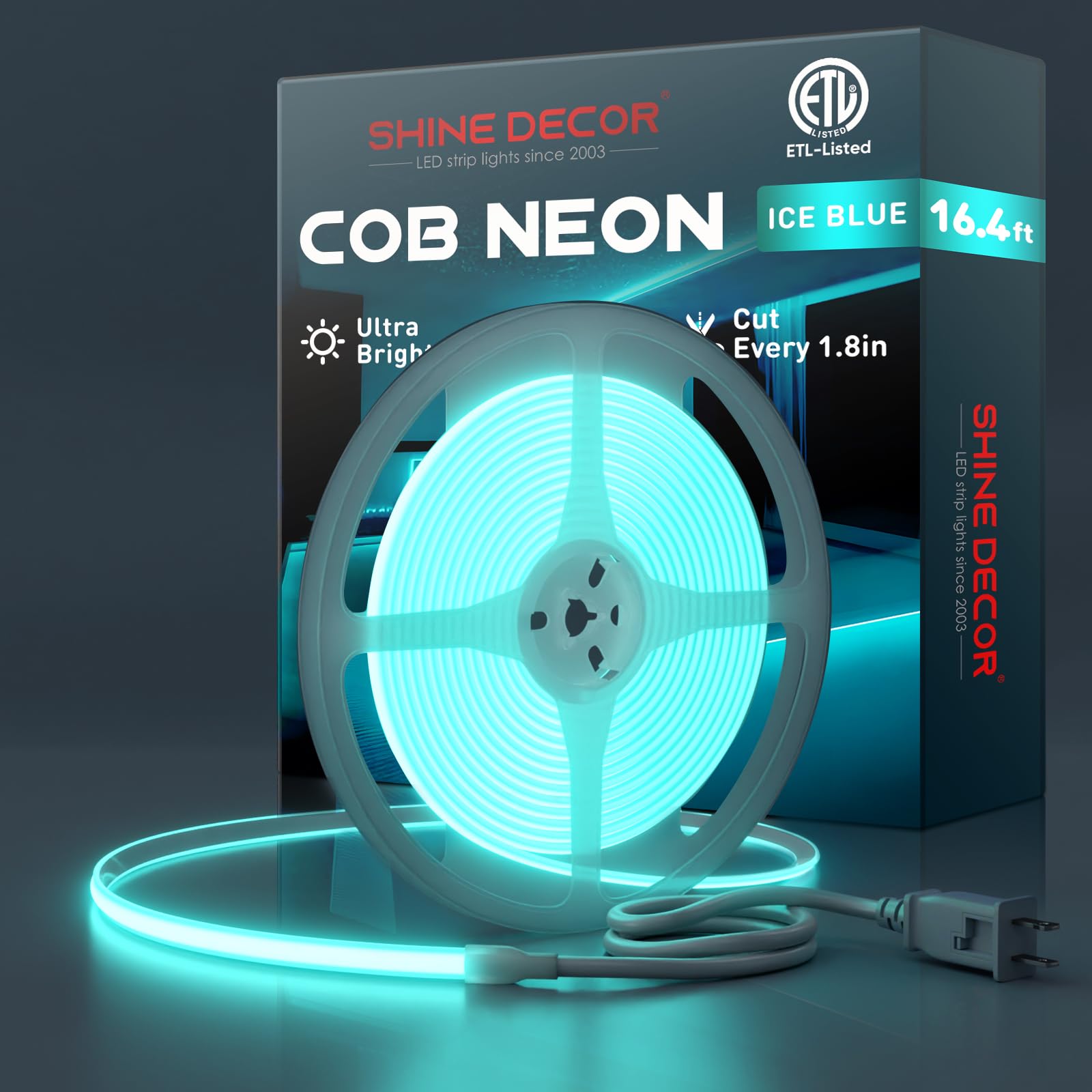 Shine Decor Cob Led Rope Light Ac 120V  800Lm Ultra Bright  Ip65 Waterproof Cold-Resistant Etl Neon Strip  No Driver Tape Lighting For Home Commercial 10X4.5Mm  Ice Blue  16.4Ft