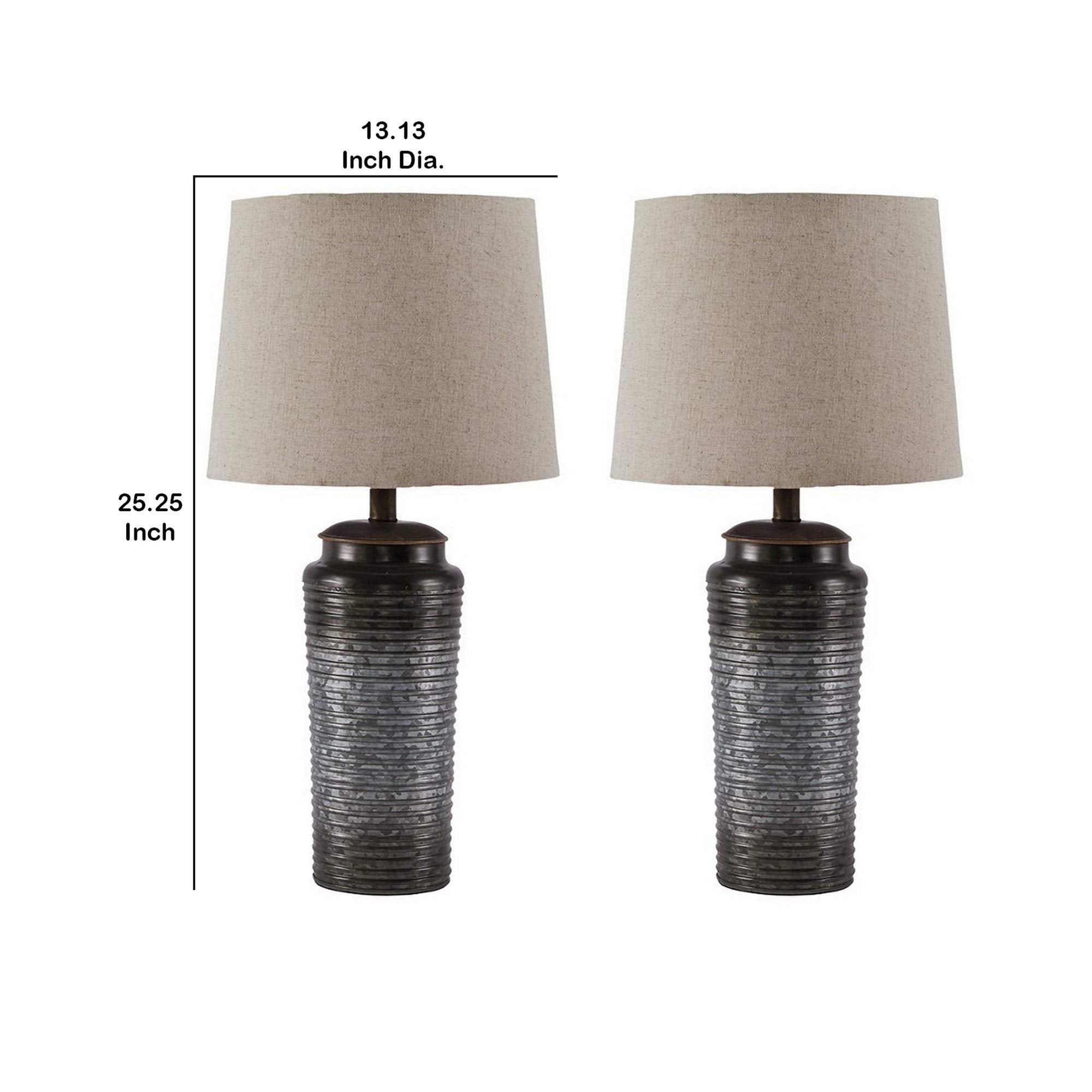Benjara Ribbed Design Metal Body Table Lamp With Tapered Fabric Shade,Set Of 2, Gray