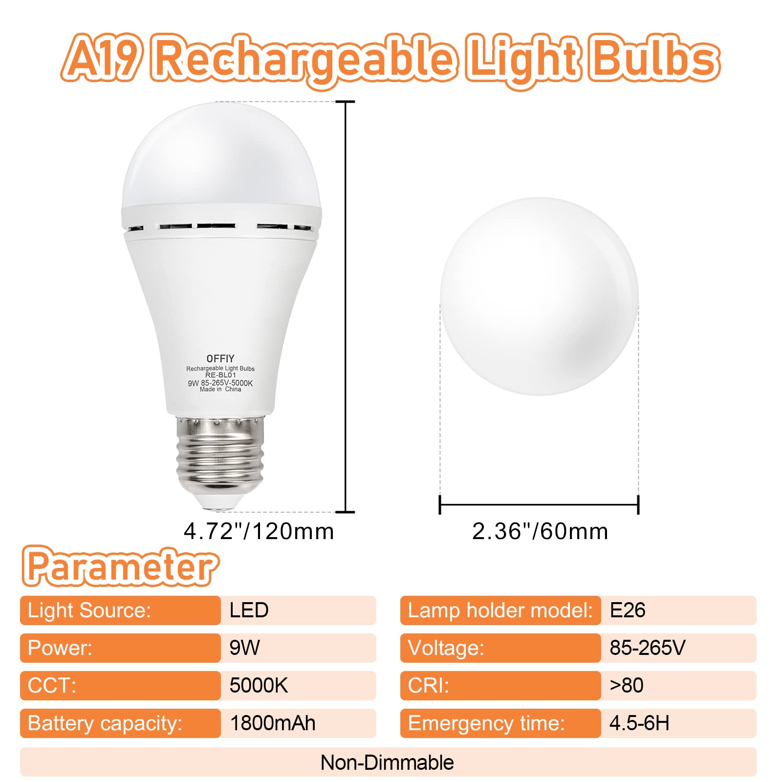 Offliy Emergency Light Bulbs, 1800Mah High-Capacity Battery For Longer Emergency Time, 9W,750Lm,5000K Rechargeable Light Bulbs F