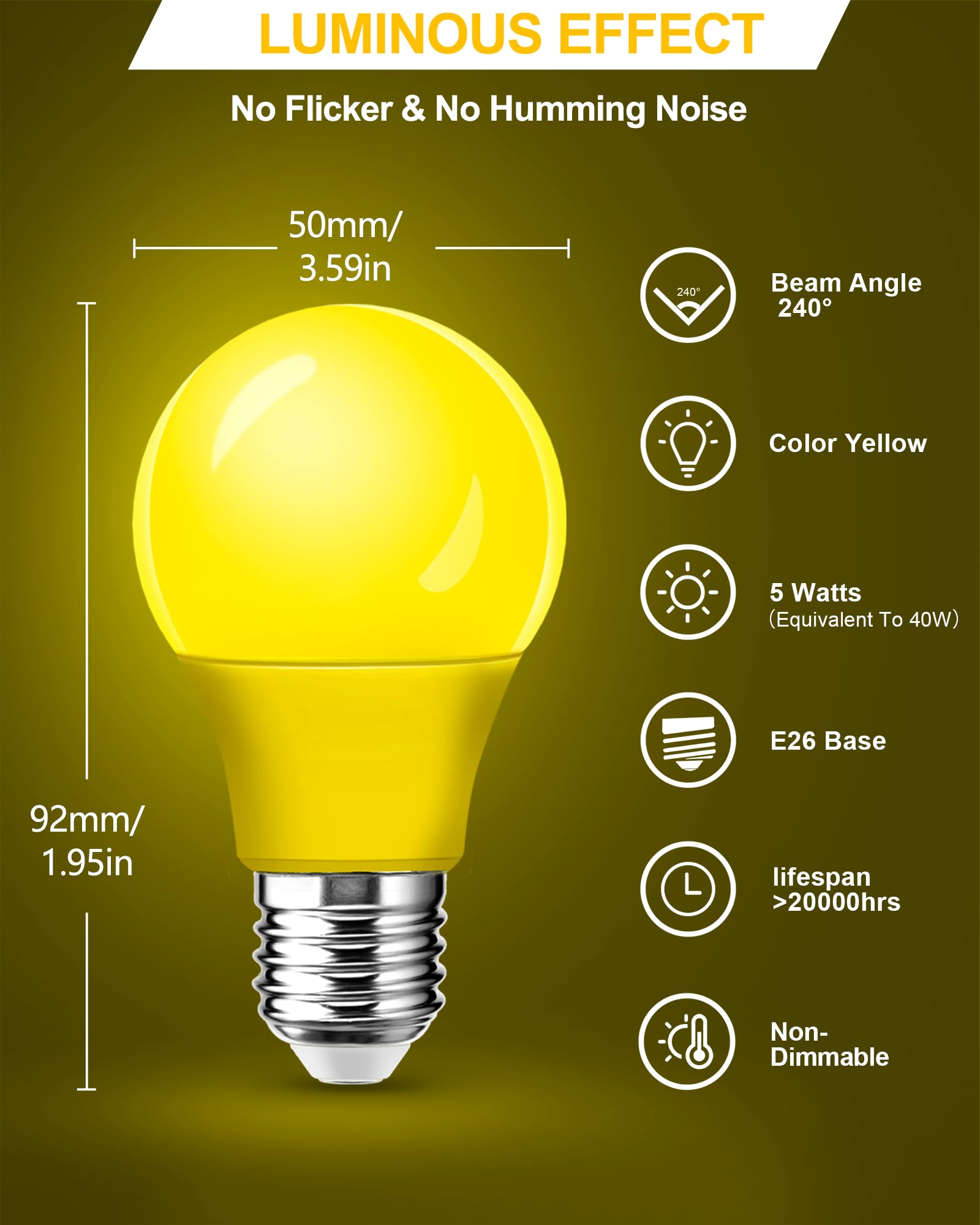 Flaspar 2 Pack A15 LED Yellow Bug Light Bulbs, 5W Amber, E26 Base, 40W Equivalent, Non-Dimmable for Indoor & Outdoor Use