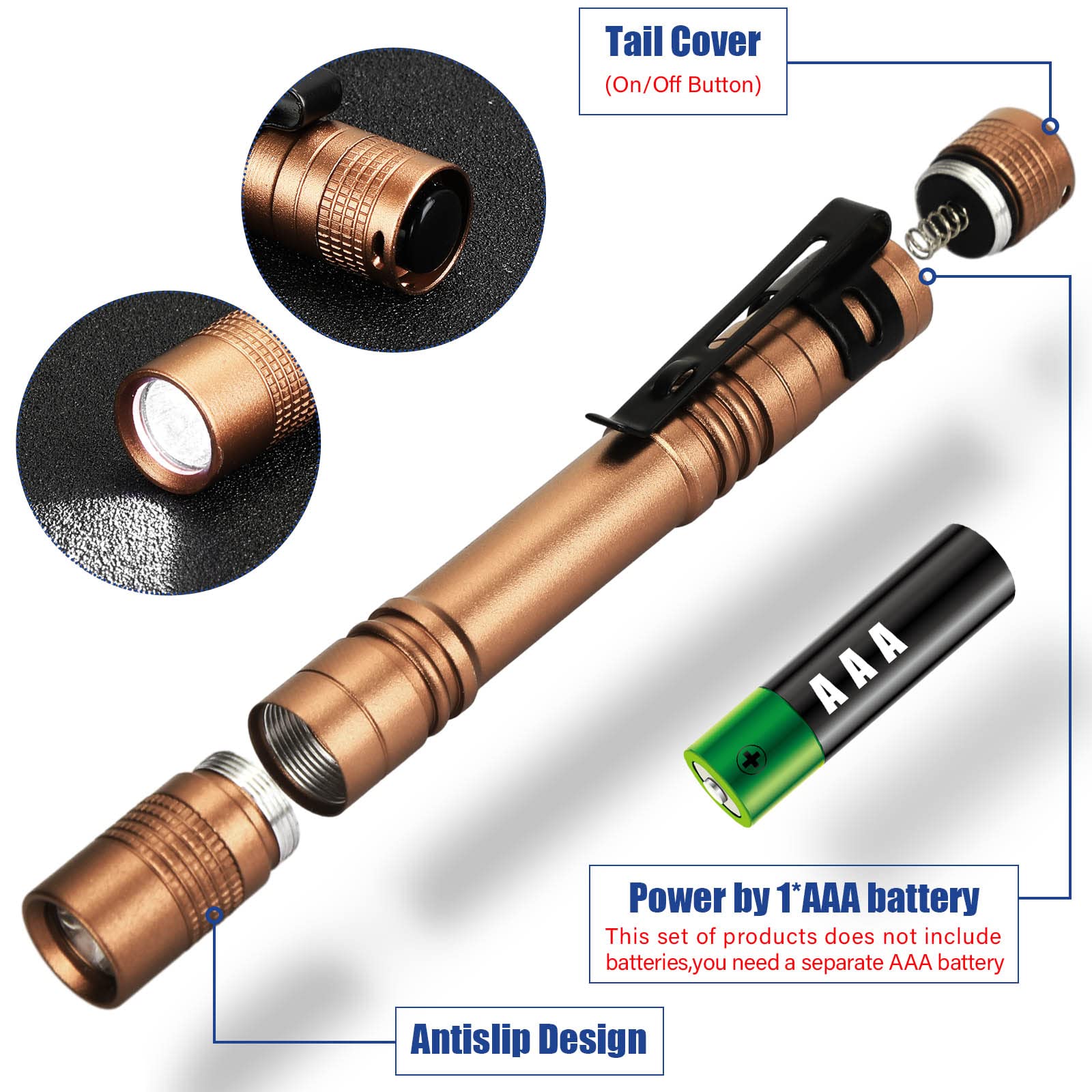 Hortsun Mini Pen Light Flashlights, 20 Pcs, 5.12 Inch, Aluminum, Brown, Pocket Size LED Torches for Fathers Day Gifts