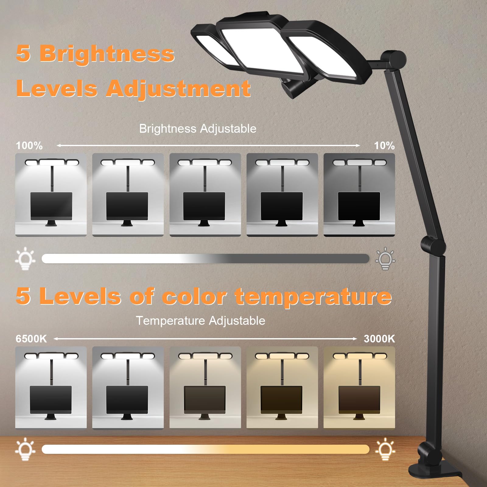 NUERPO LED Desk Lamp - Adjustable Swing Arm, Dimmable, Eye Care, Black, Aluminum, Modern Design, Ideal for Home Office