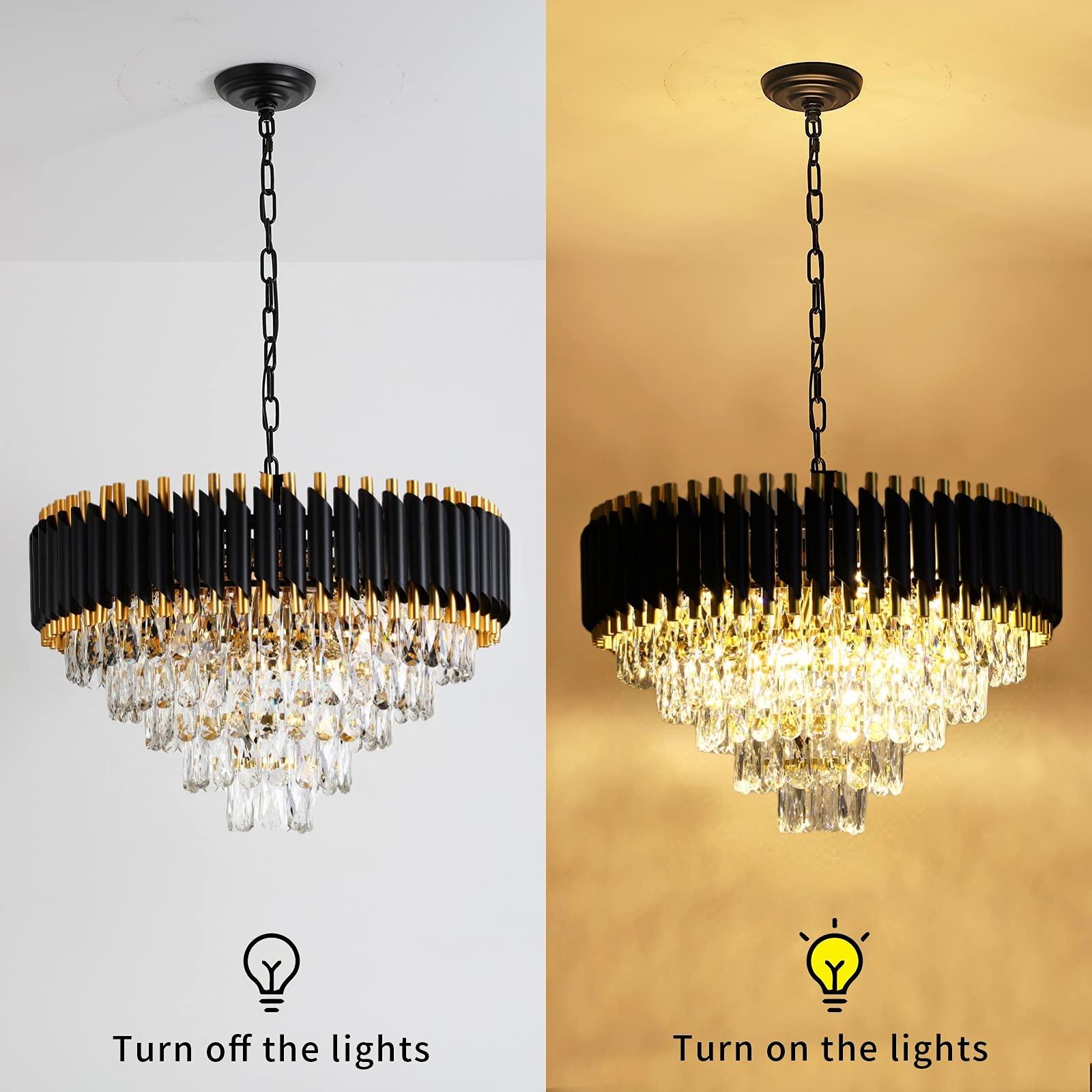 AKDXIRUN Gold Modern 5-Tier K9 Crystal Chandelier - 12 Lights, W24in, Black and Gold, Model XR00161, Ceiling Light for Dining Room, Living Room