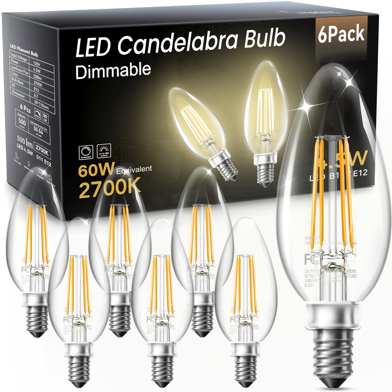 Volivo Dimmable E12 Led Candelabra Bulbs 60Watt Equivalent, 2700K Warm White, 500Lumens, 4.5W B11 Vintage Chandelier Light Bulbs