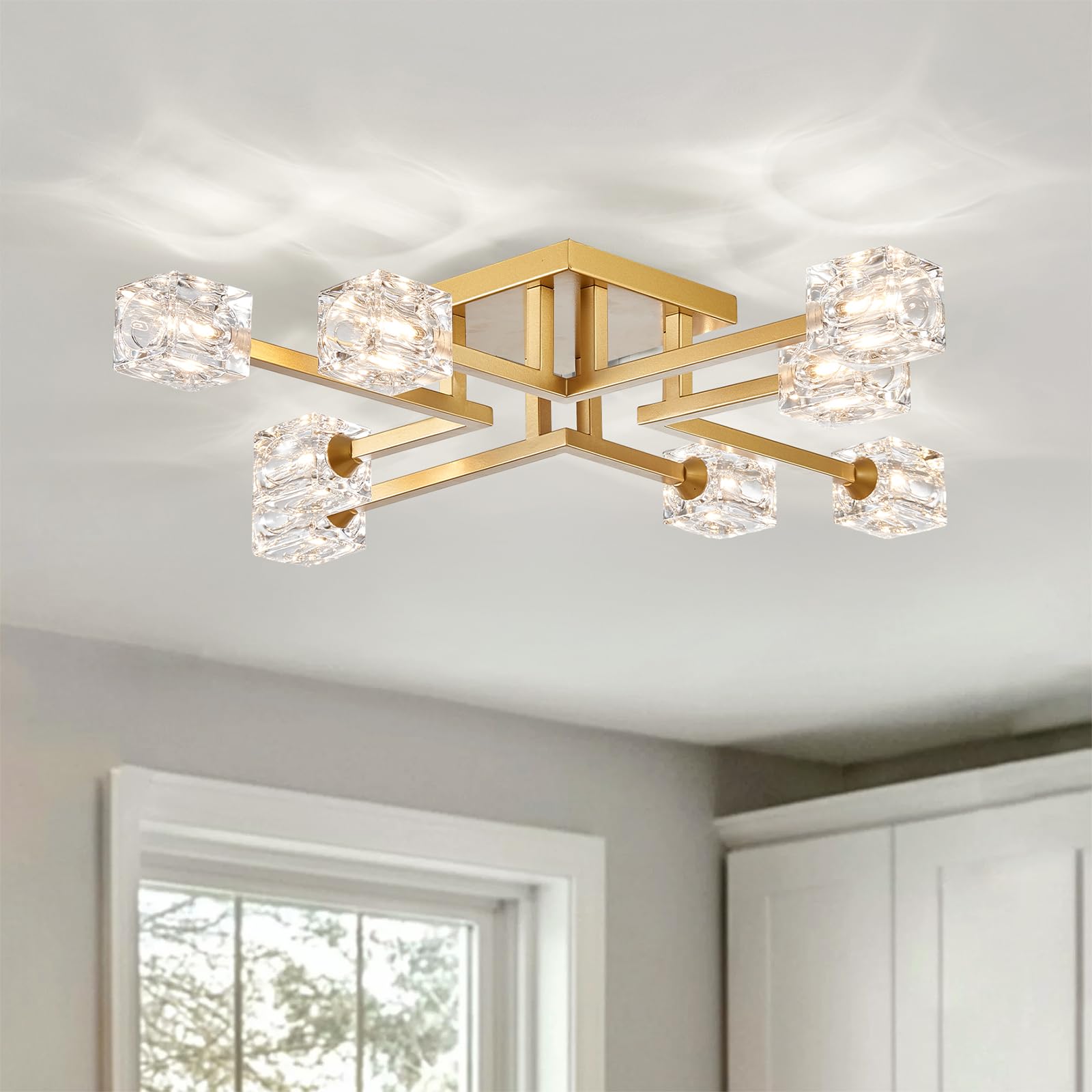 XINGQI Modern Ceiling Light 8 Lights Gold Sputnik Chandeliers Industry Semi Flush Mount Ceiling Light Fixture, Mid Century for D