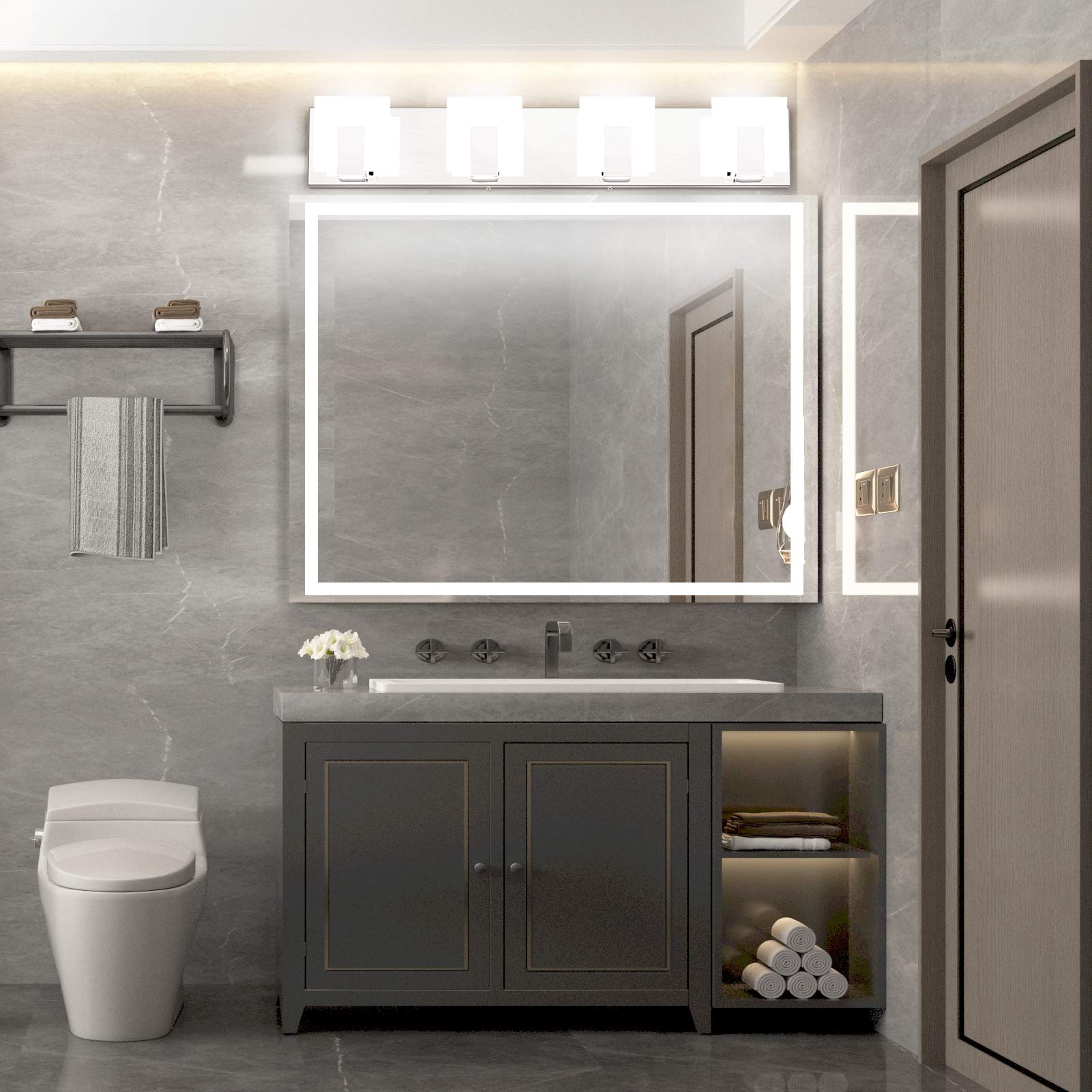 Aipsun Modern Led Bathroom Vanity Light, 4 Lights, Frosted White Acrylic, Chrome Finish, Model Ca-1105-4T, 6000K White Light